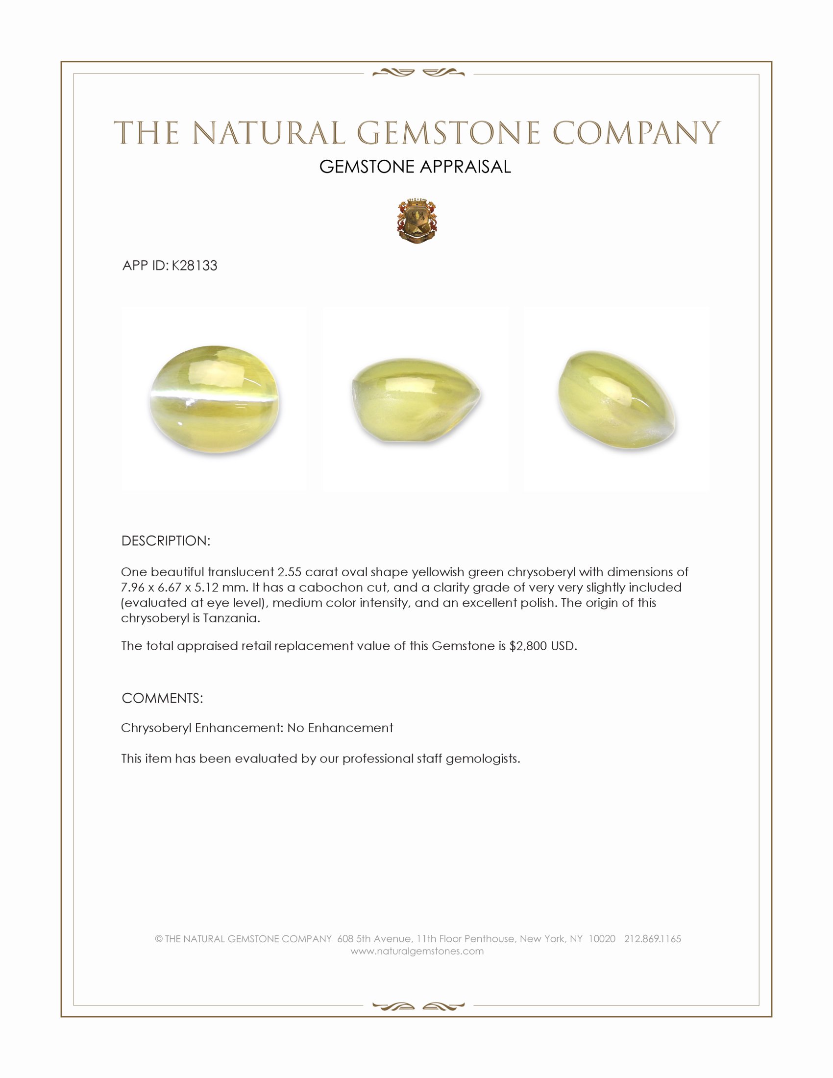 2.55 Ct. Yellowish Green Cabochon Chrysoberyl from Tanzania