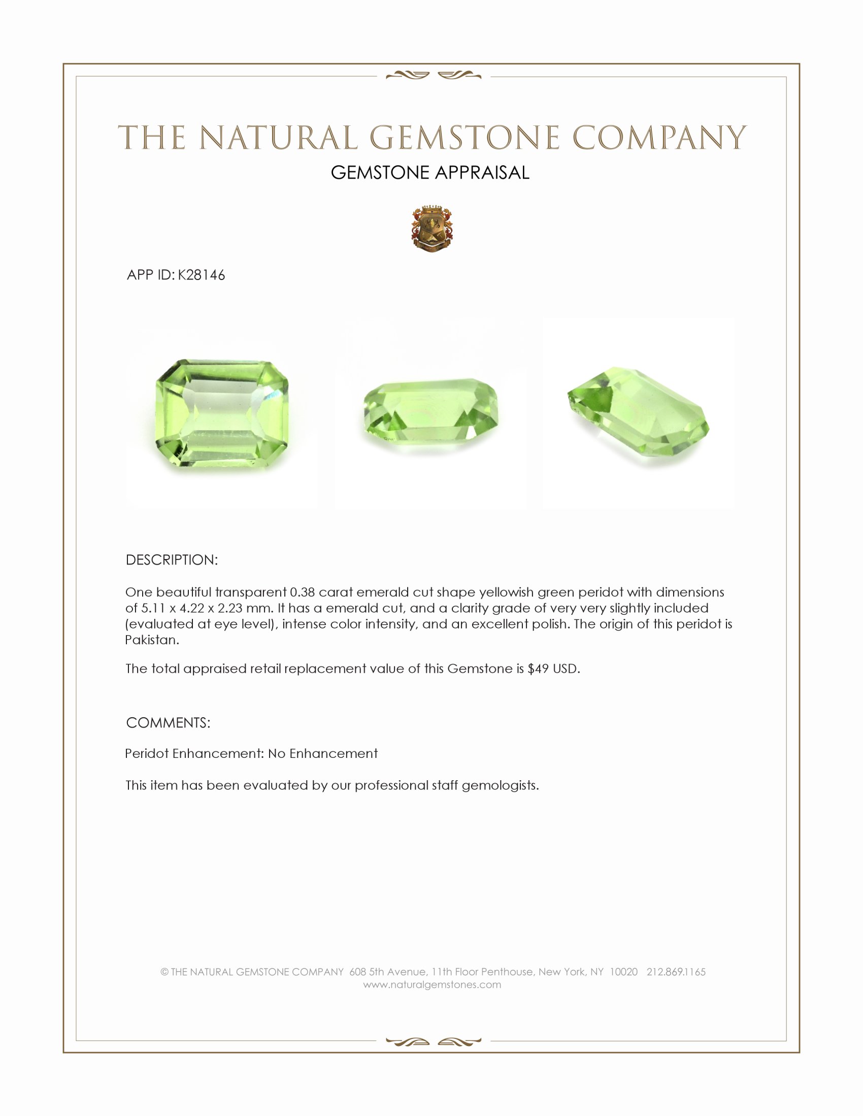 0.38 Ct. Yellowish Green Peridot from Pakistan