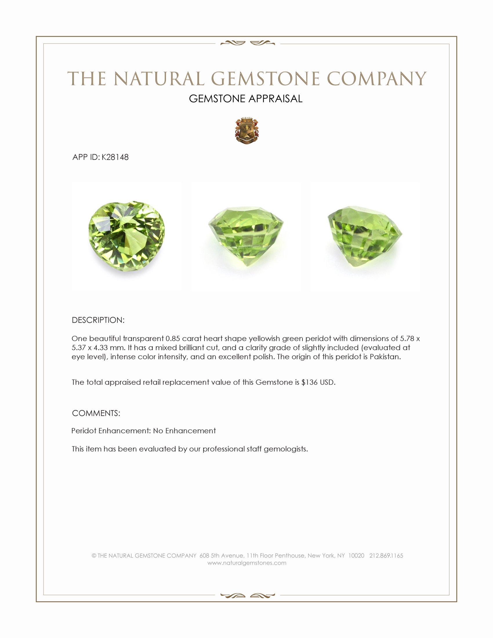 0.85 Ct. Yellowish Green Peridot from Pakistan