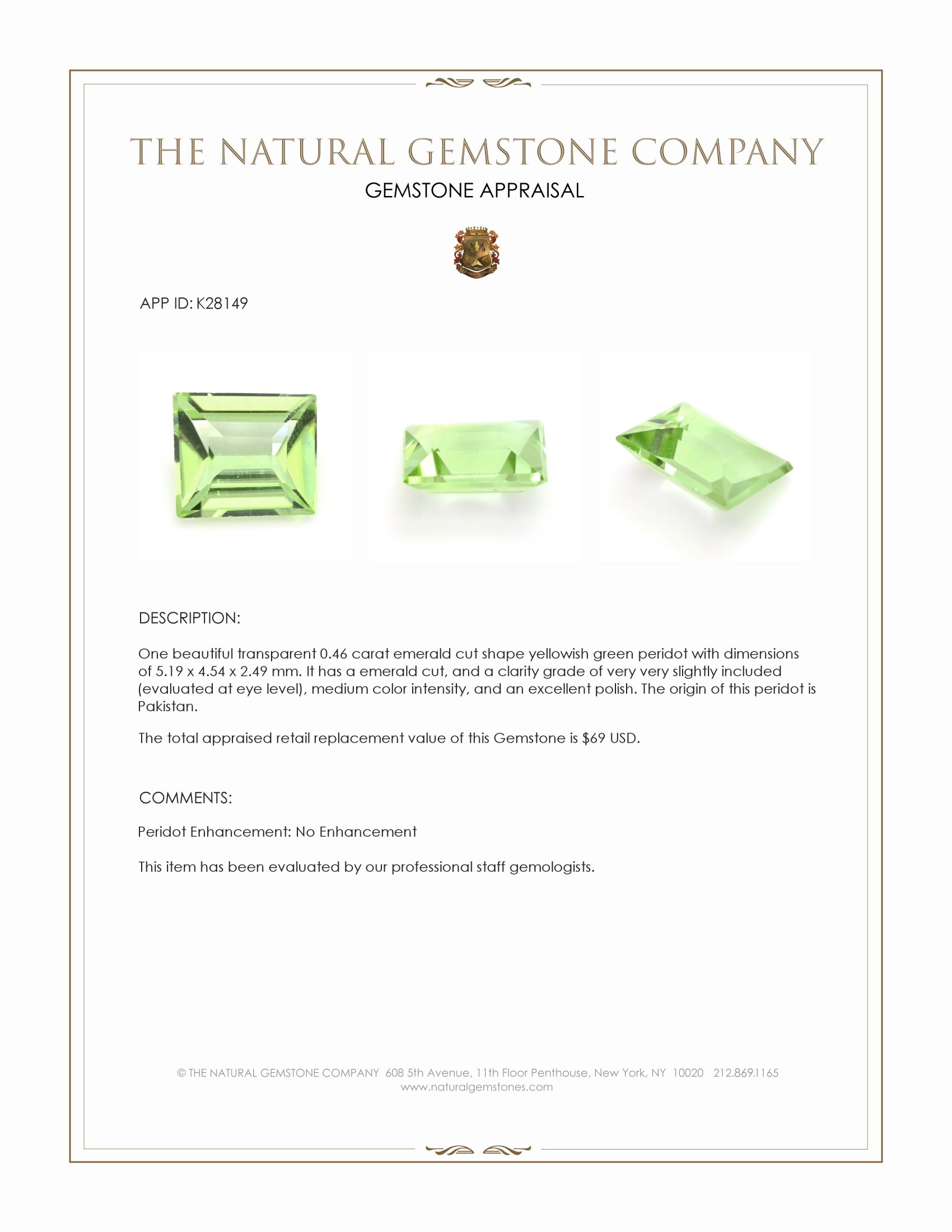 0.46 Ct. Yellowish Green Peridot from Pakistan