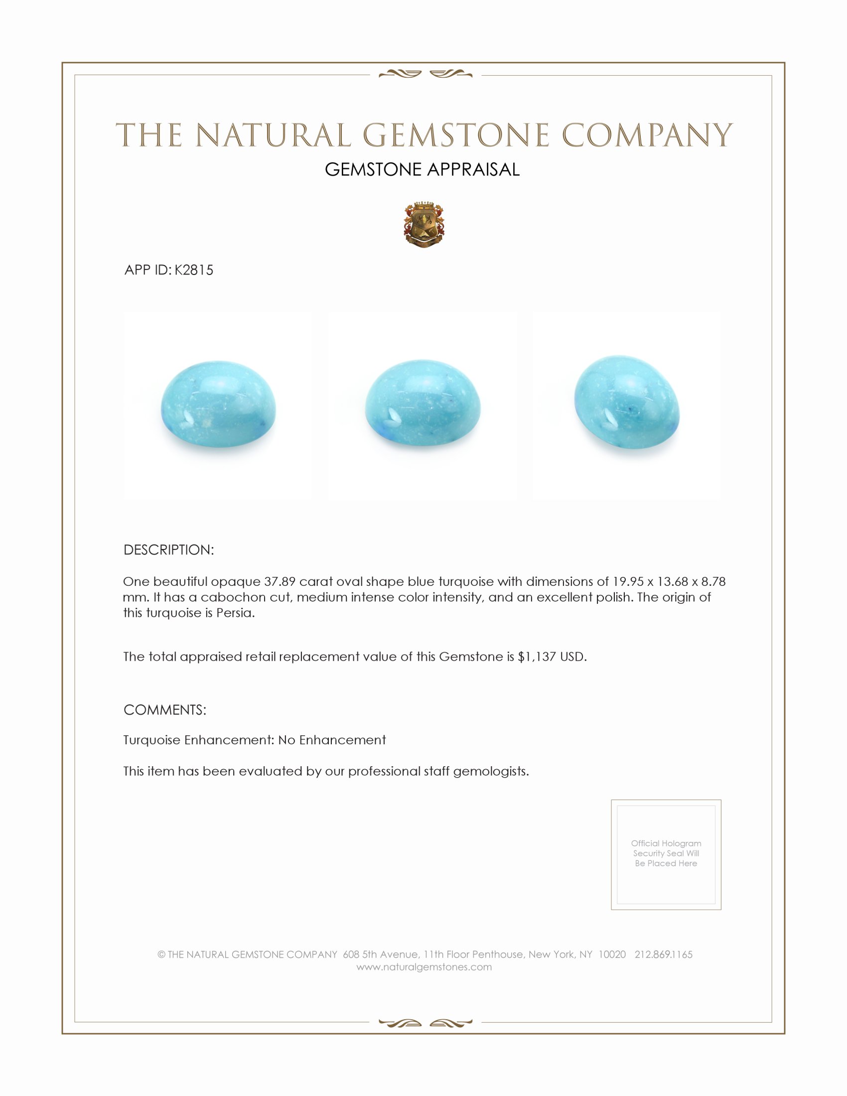 37.89 Ct. Cabochon Turquoise from Persia