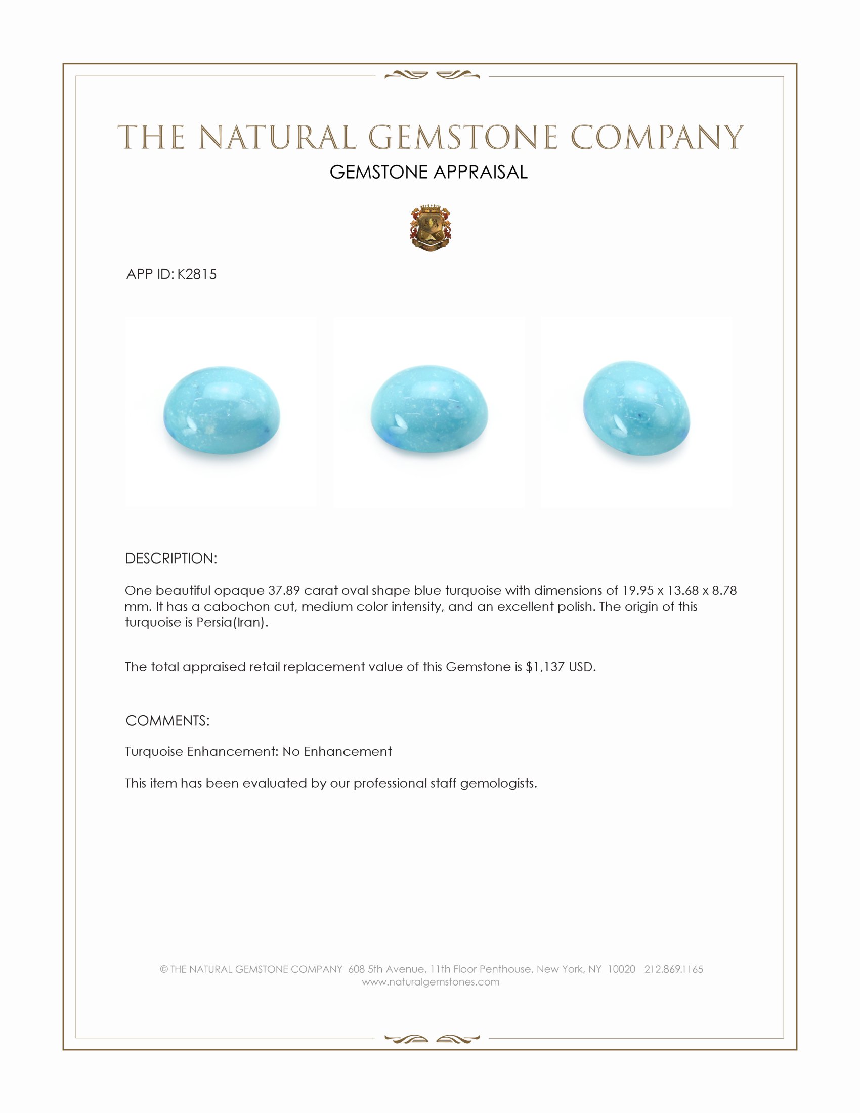 37.89 Ct. Blue Cabochon Turquoise from Persia(Iran)