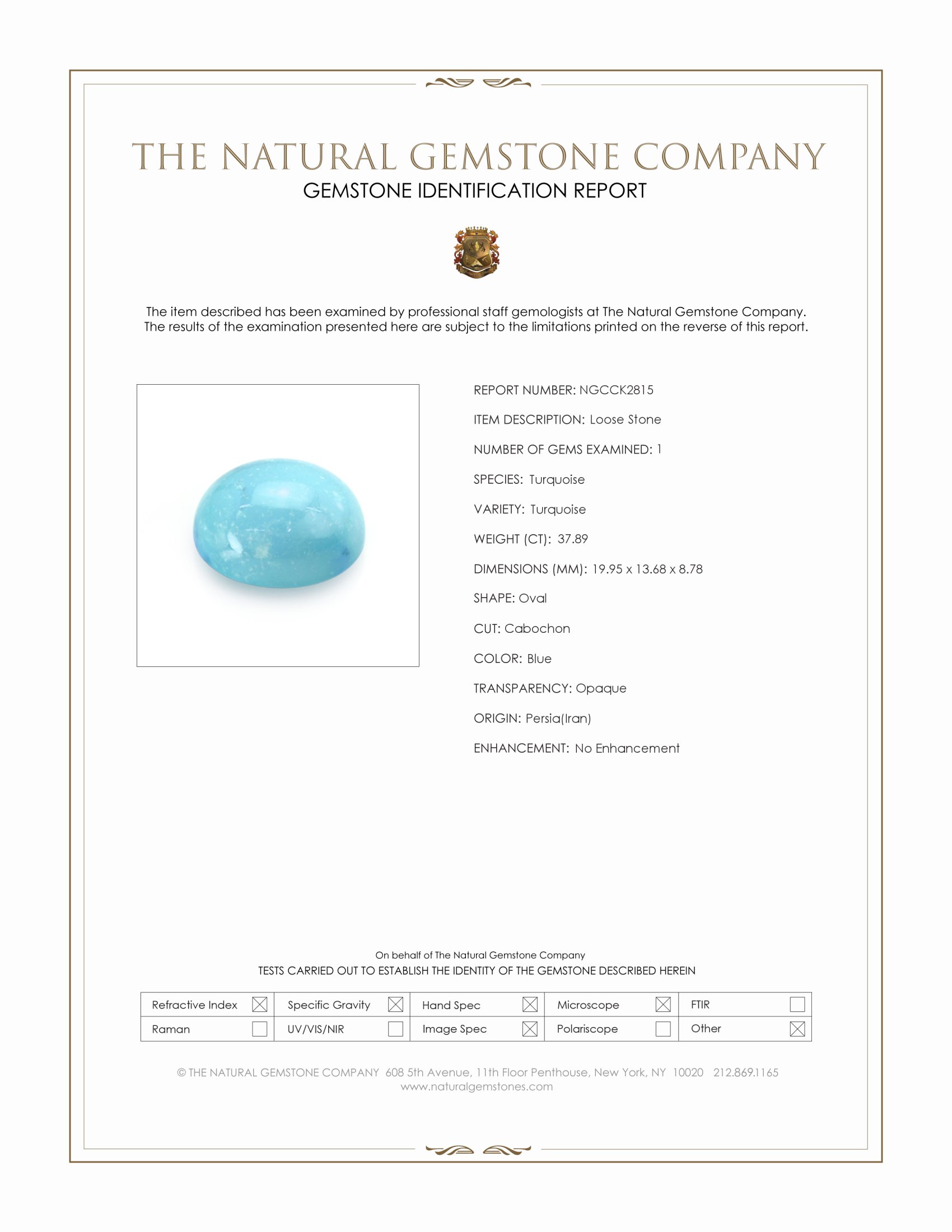 37.89 Ct. Blue Cabochon Turquoise from Persia(Iran)