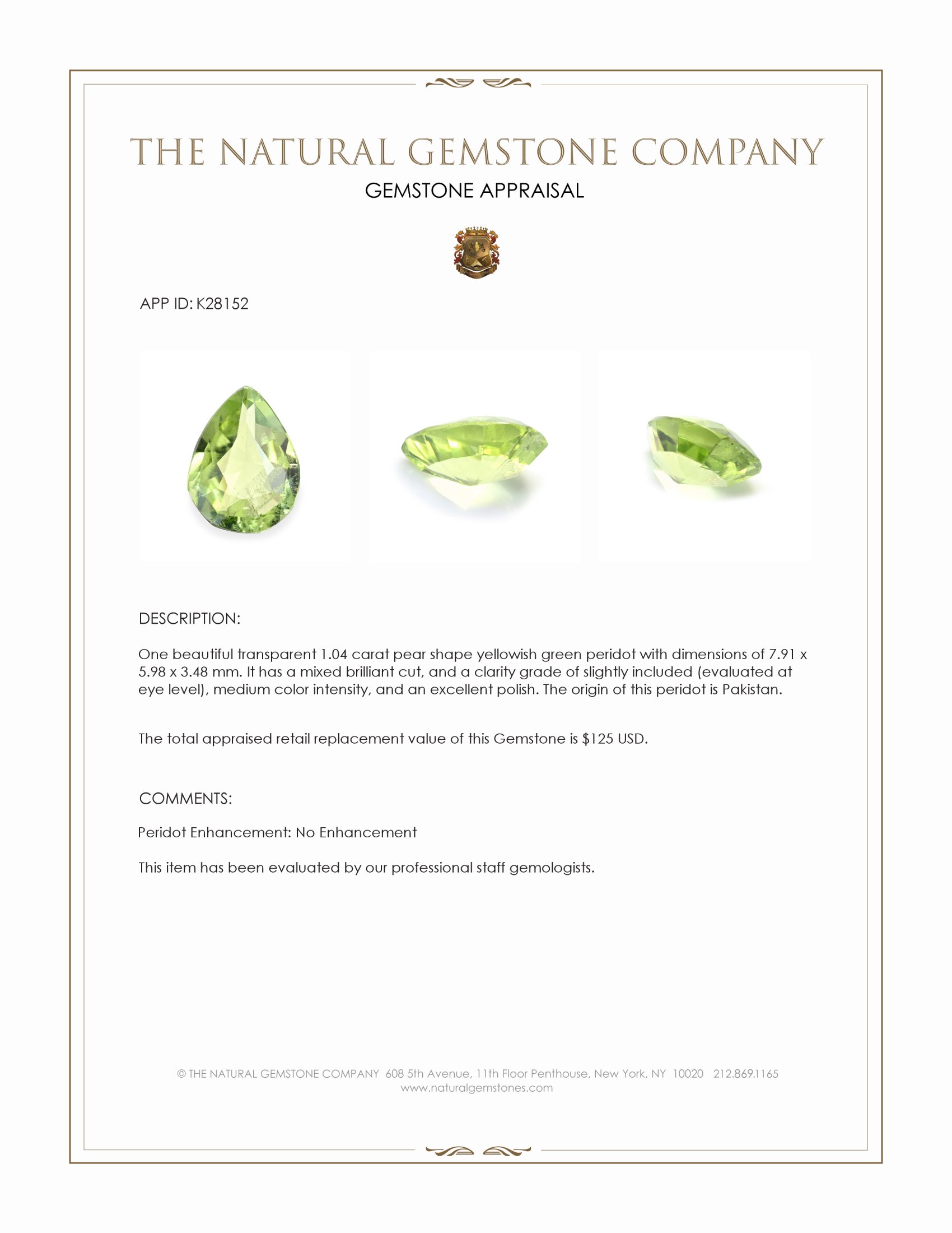 1.04 Ct. Yellowish Green Peridot from Pakistan