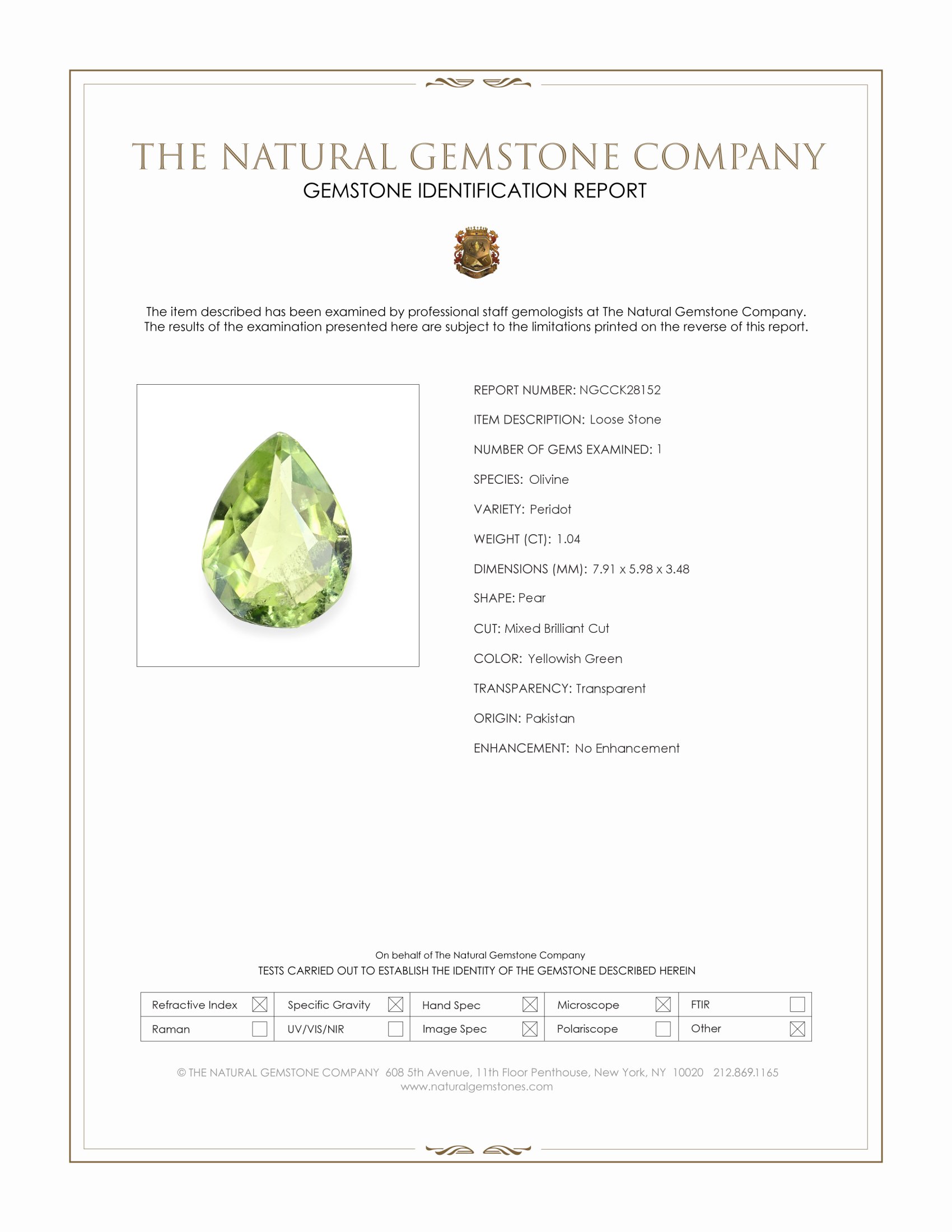 1.04 Ct. Yellowish Green Peridot from Pakistan