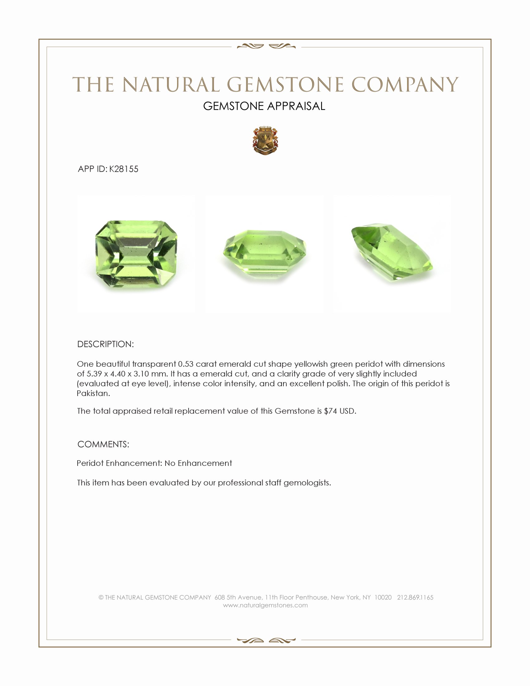 0.53 Ct. Yellowish Green Peridot from Pakistan