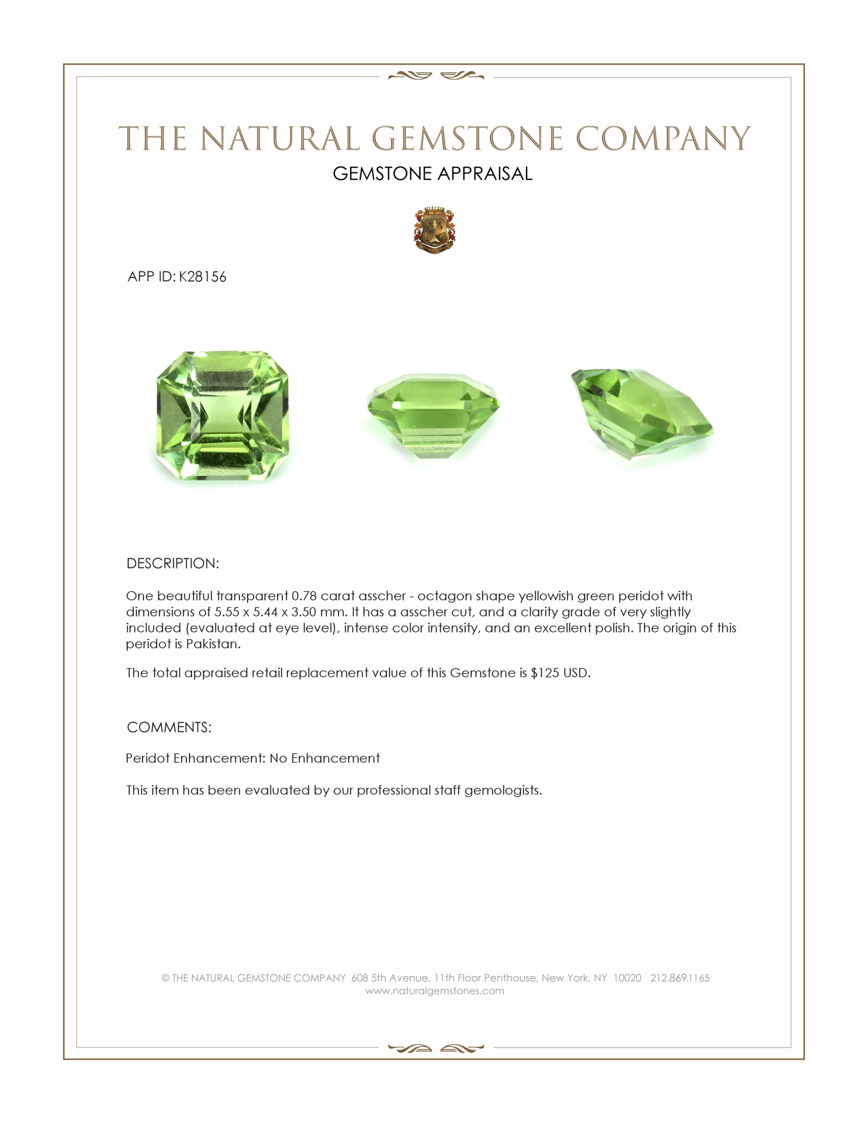 0.78 Ct. Yellowish Green Peridot from Pakistan