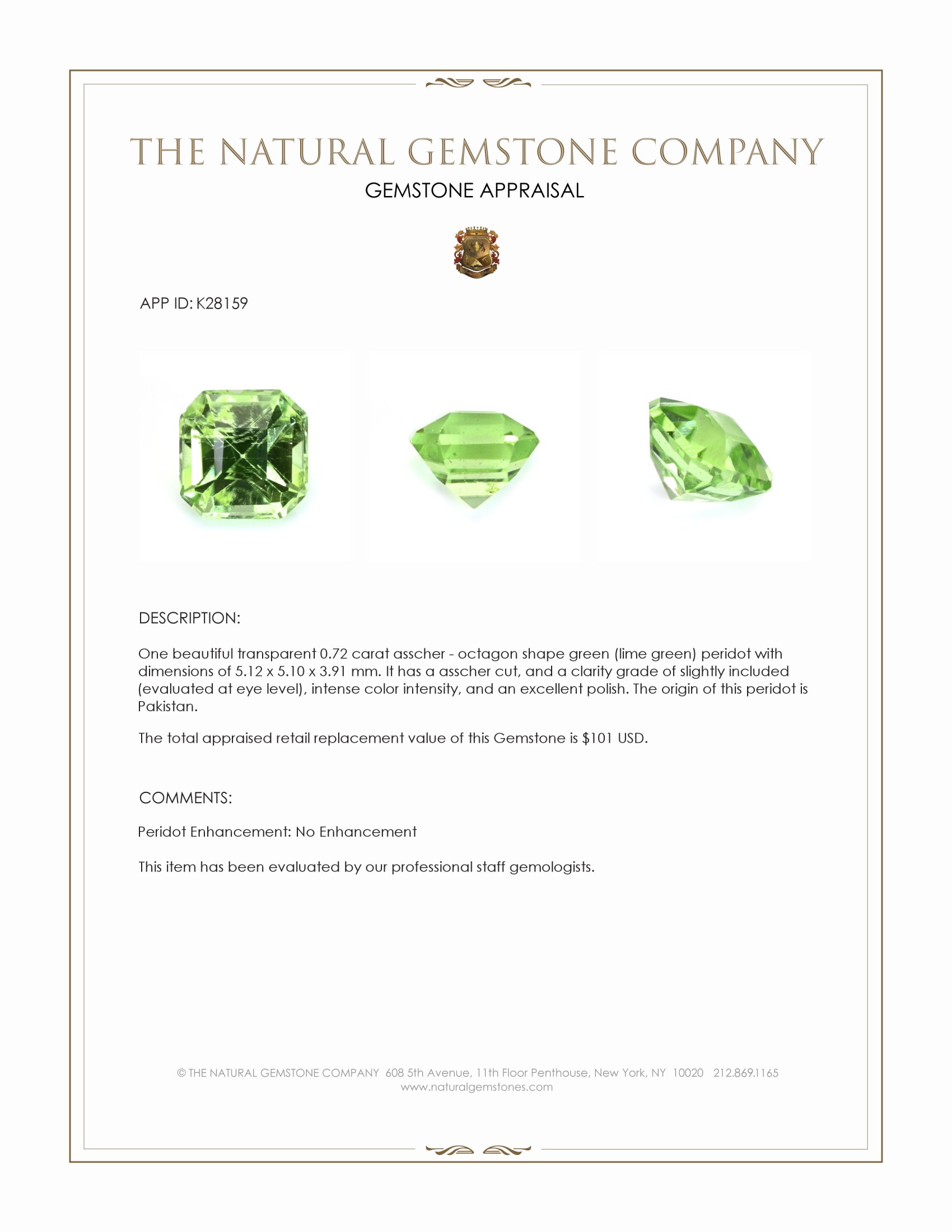 0.72 Ct. Green (Lime Green) Peridot from Pakistan