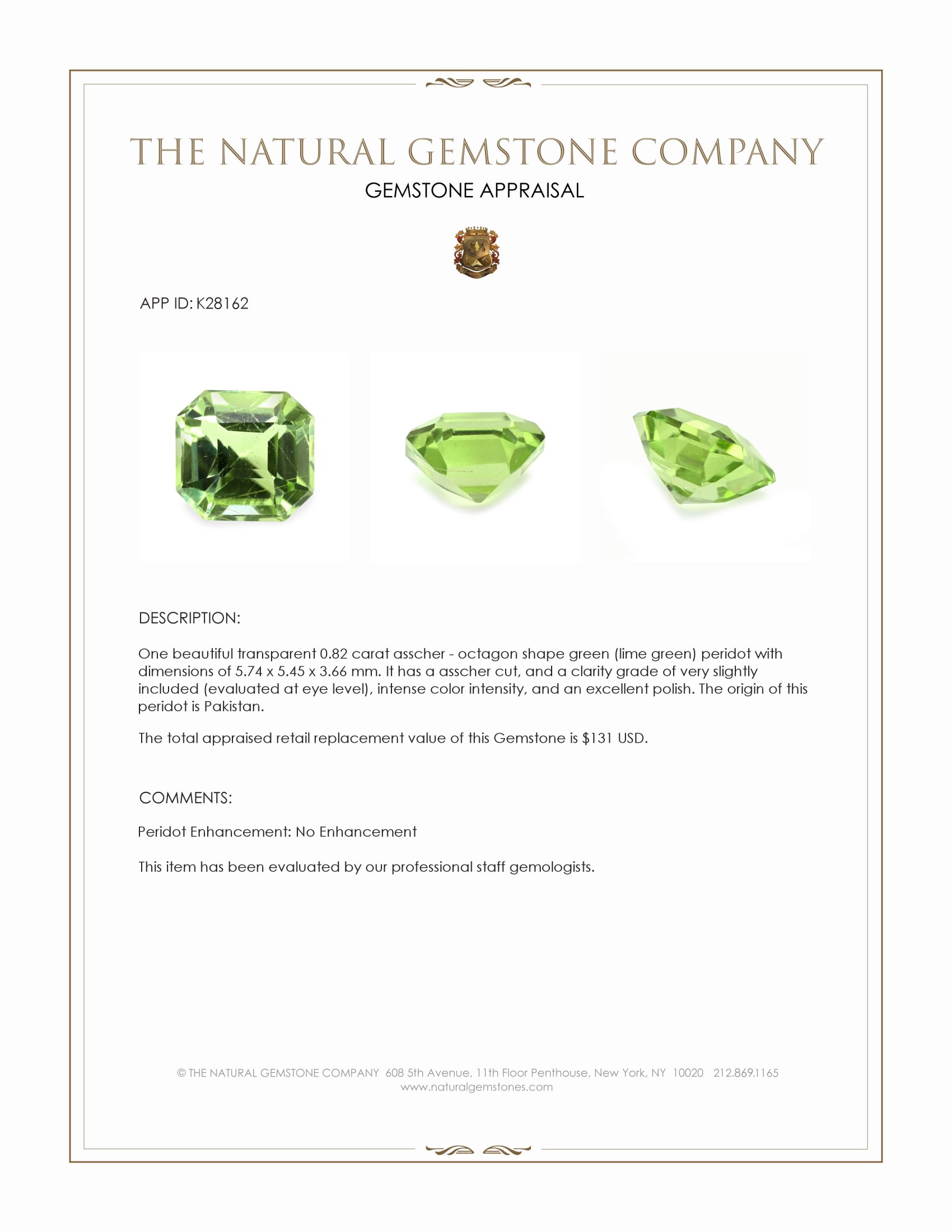 0.82 Ct. Green (Lime Green) Peridot from Pakistan