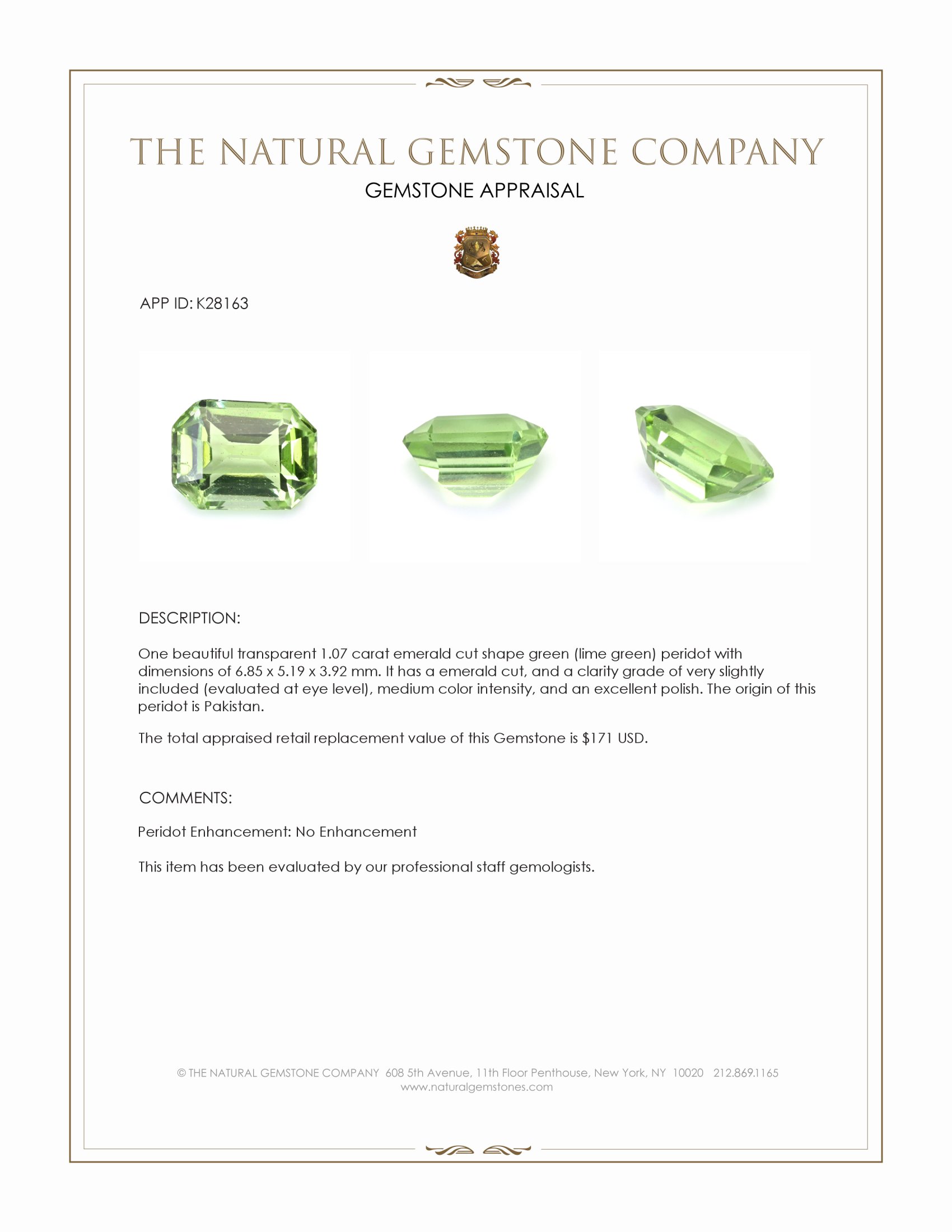 1.07 Ct. Green (Lime Green) Peridot from Pakistan