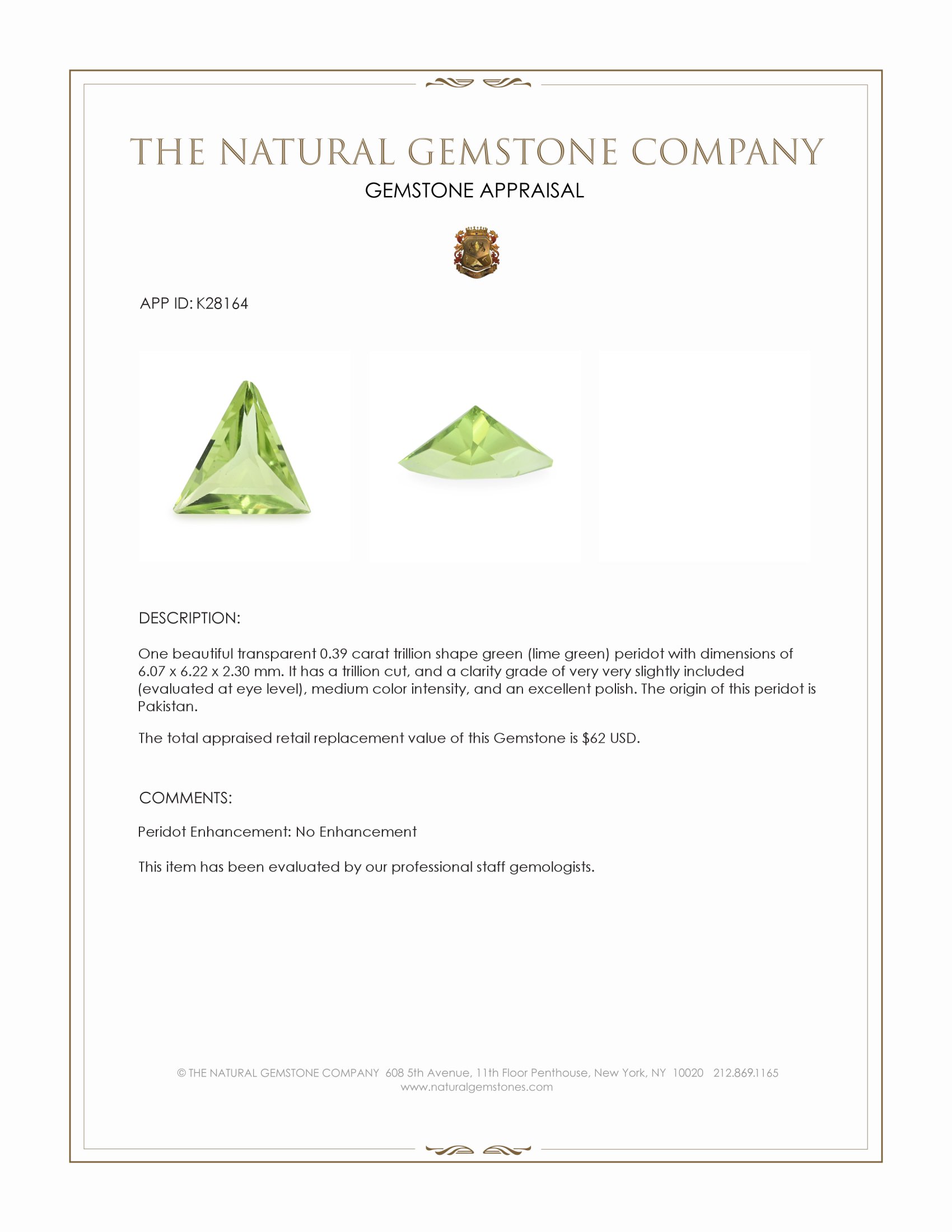 0.39 Ct. Green (Lime Green) Peridot from Pakistan