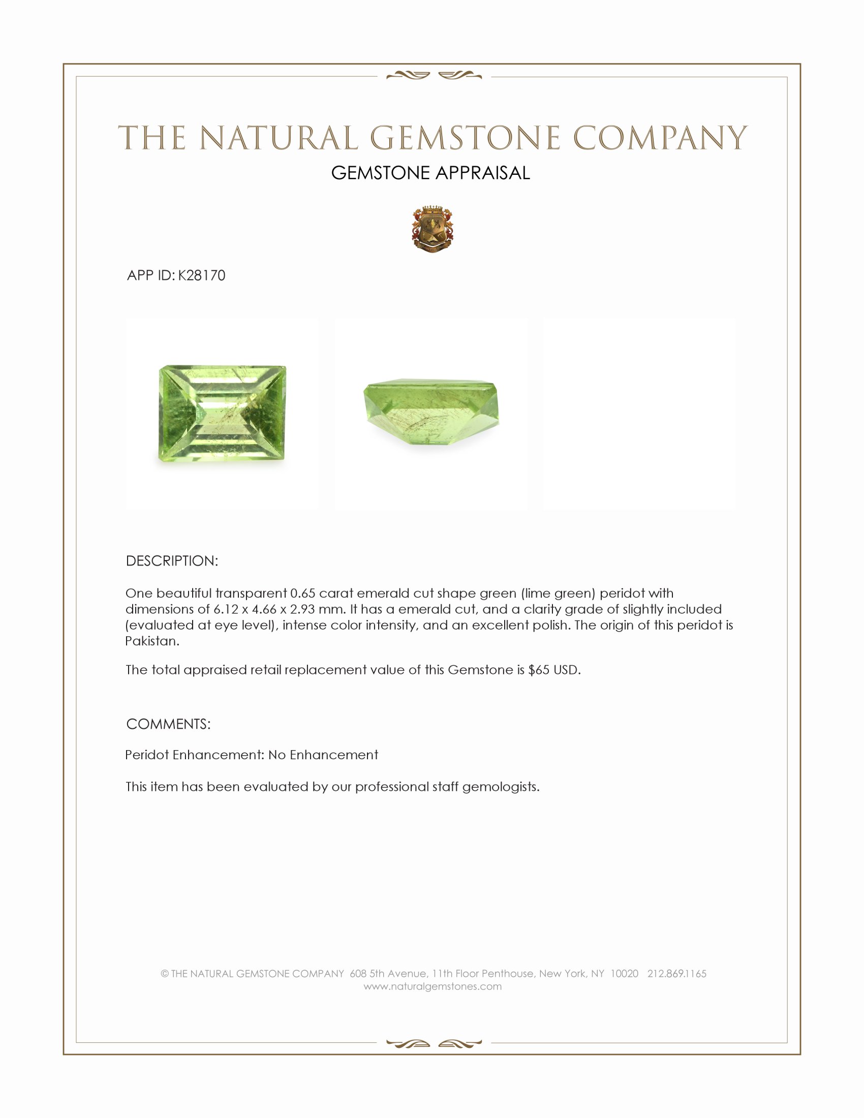 0.65 Ct. Green (Lime Green) Peridot from Pakistan