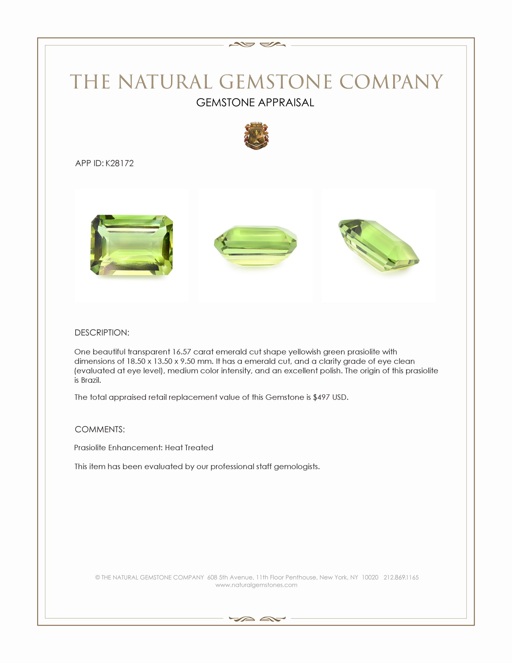 16.57 Ct. Yellowish Green Prasiolite from Brazil