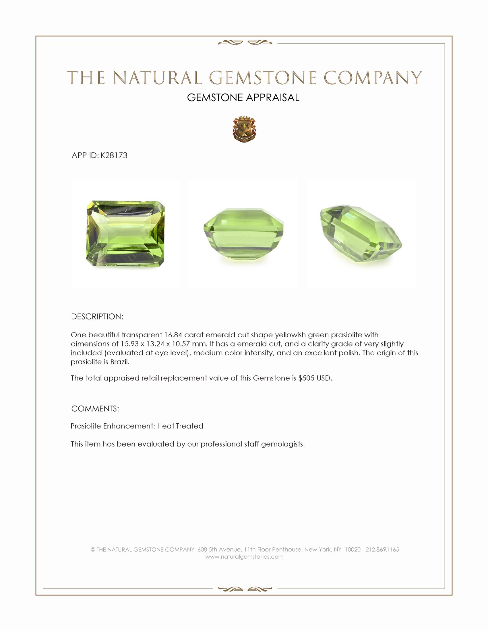 16.84 Ct. Yellowish Green Prasiolite from Brazil