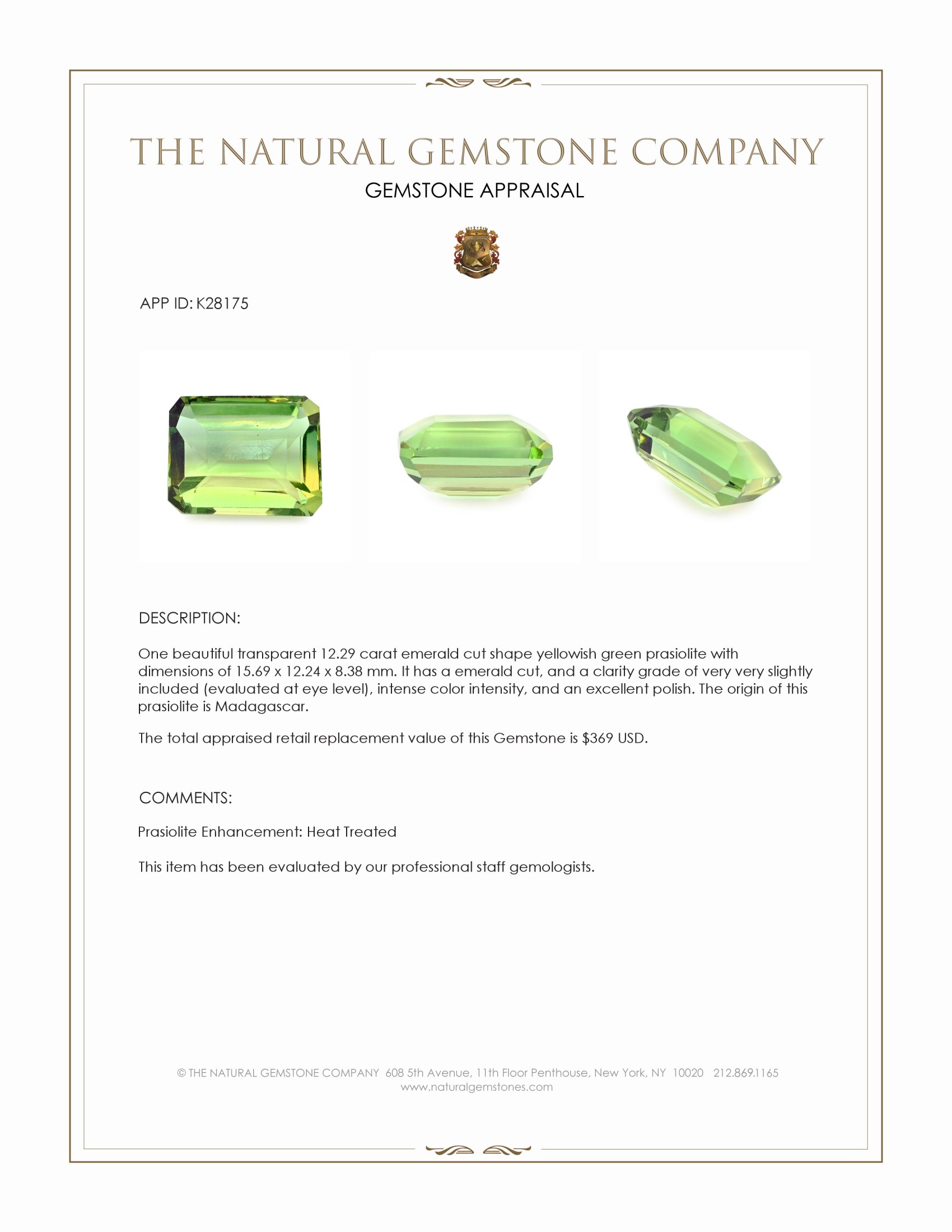 12.29 Ct. Yellowish Green Prasiolite from Madagascar