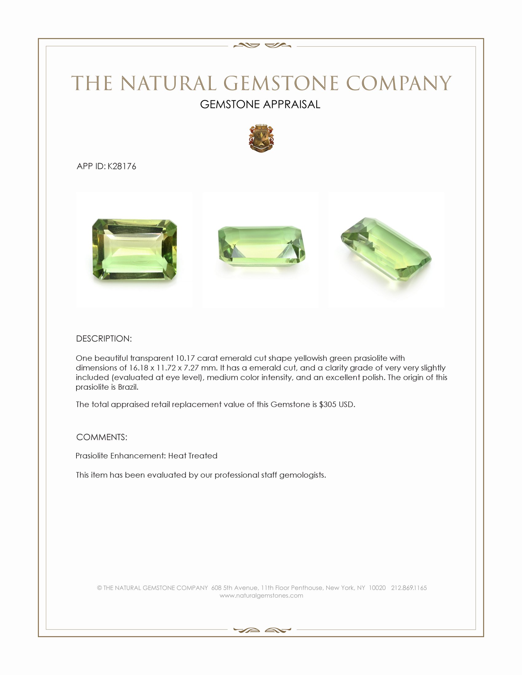 10.17 Ct. Yellowish Green Prasiolite from Brazil
