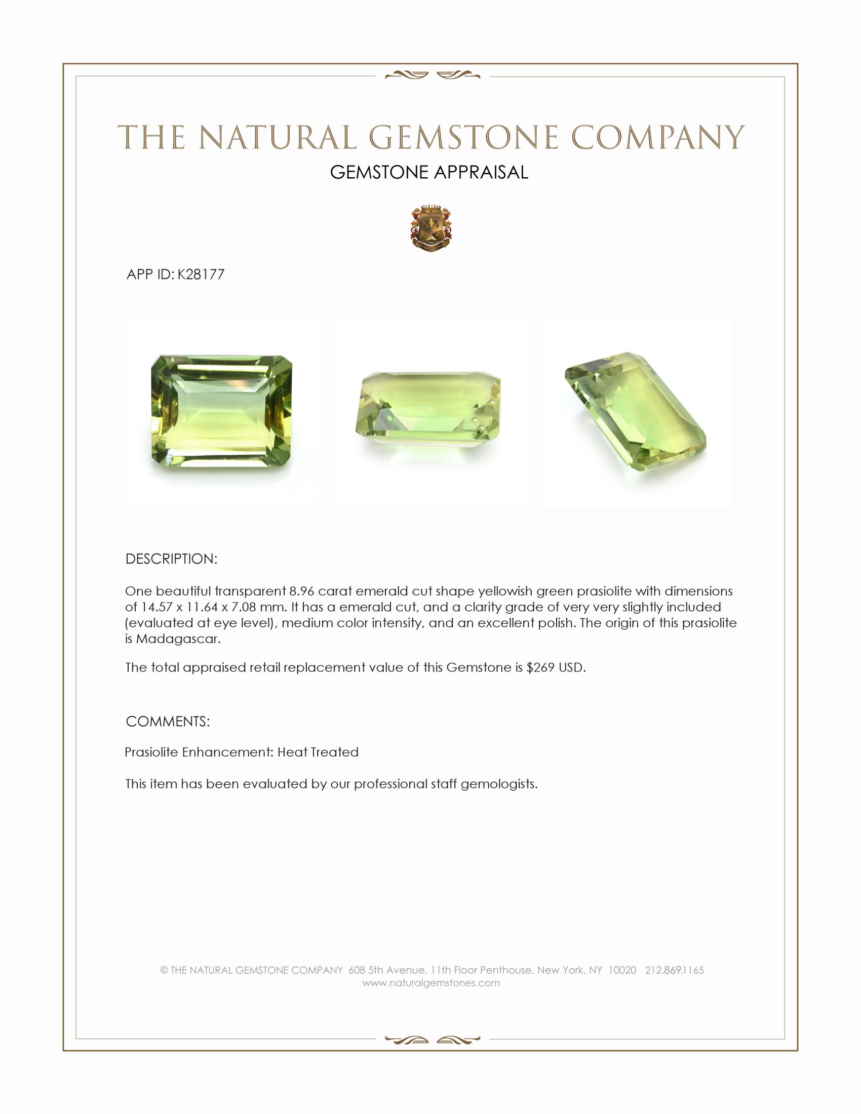 8.96 Ct. Yellowish Green Prasiolite from Madagascar