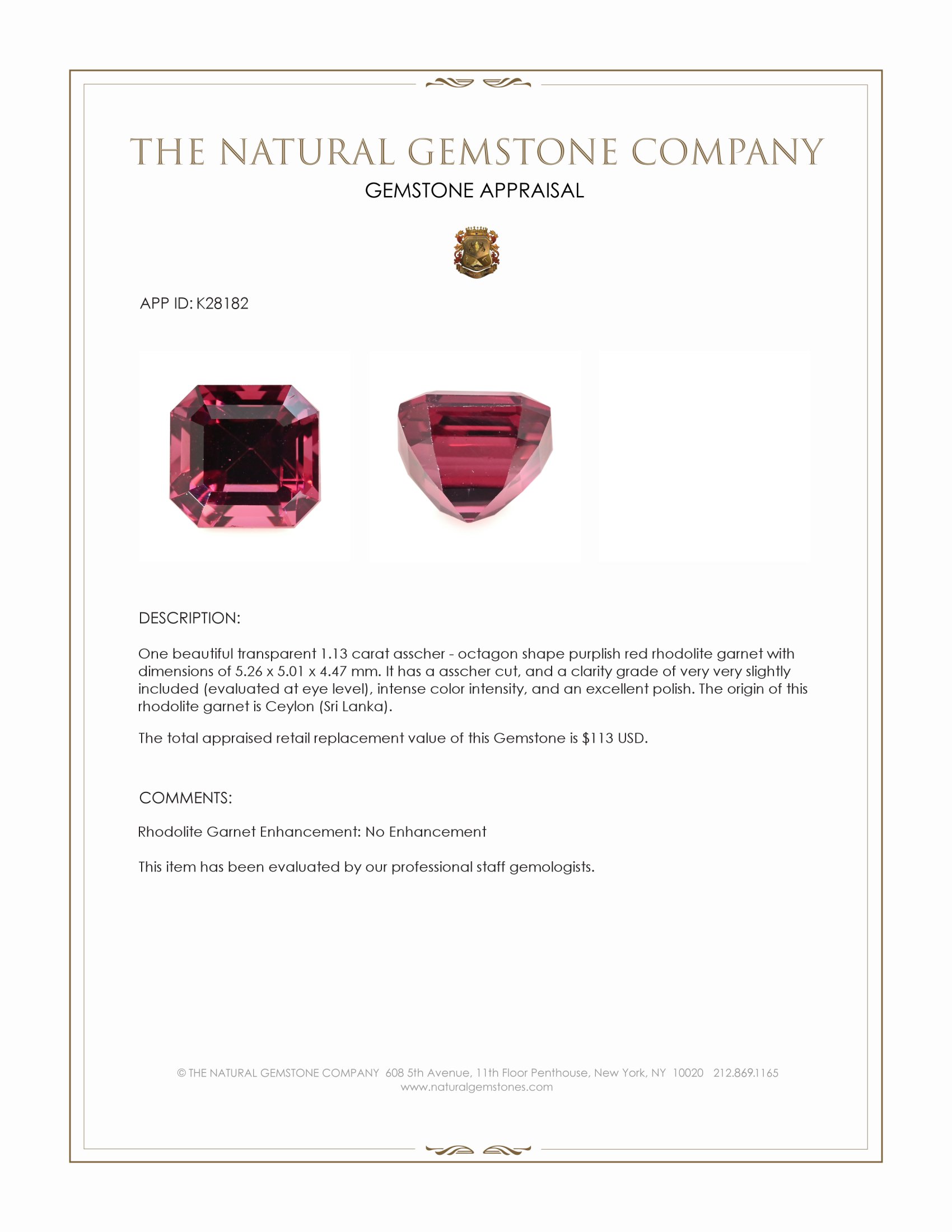 1.13 Ct. Purplish Red Rhodolite Garnet from Ceylon (Sri Lanka)