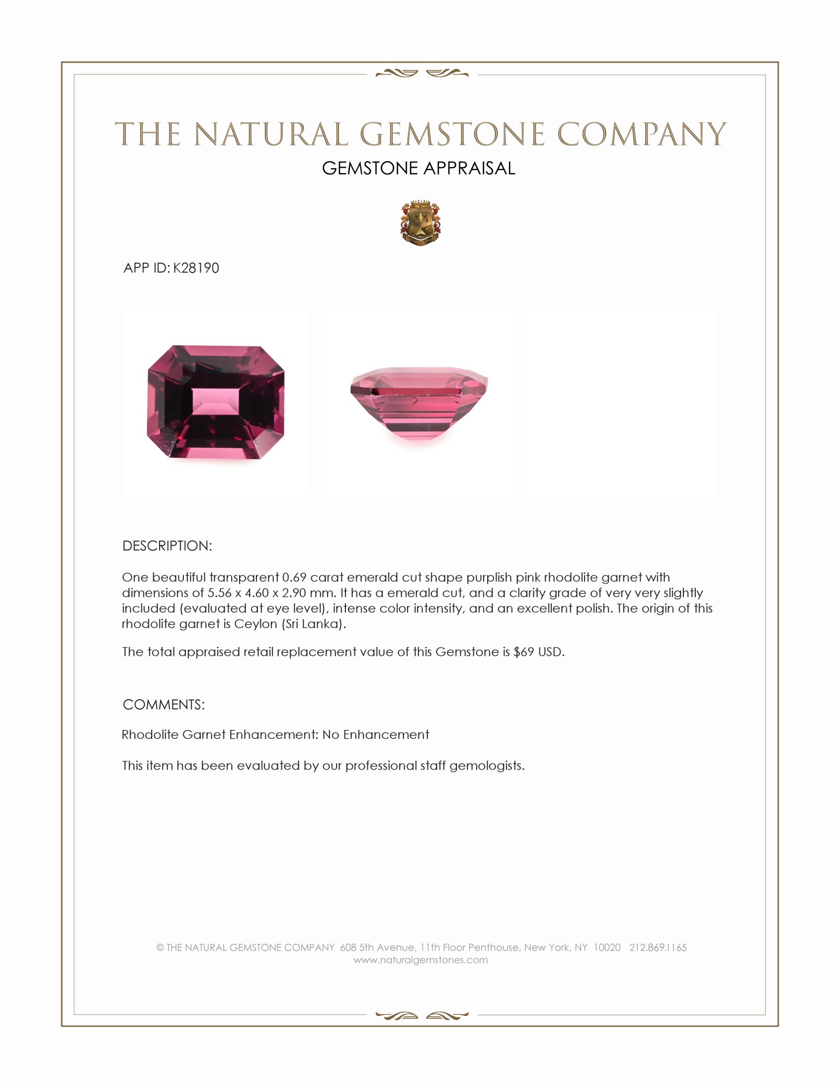0.69 Ct. Purplish Pink Rhodolite Garnet from Ceylon (Sri Lanka)