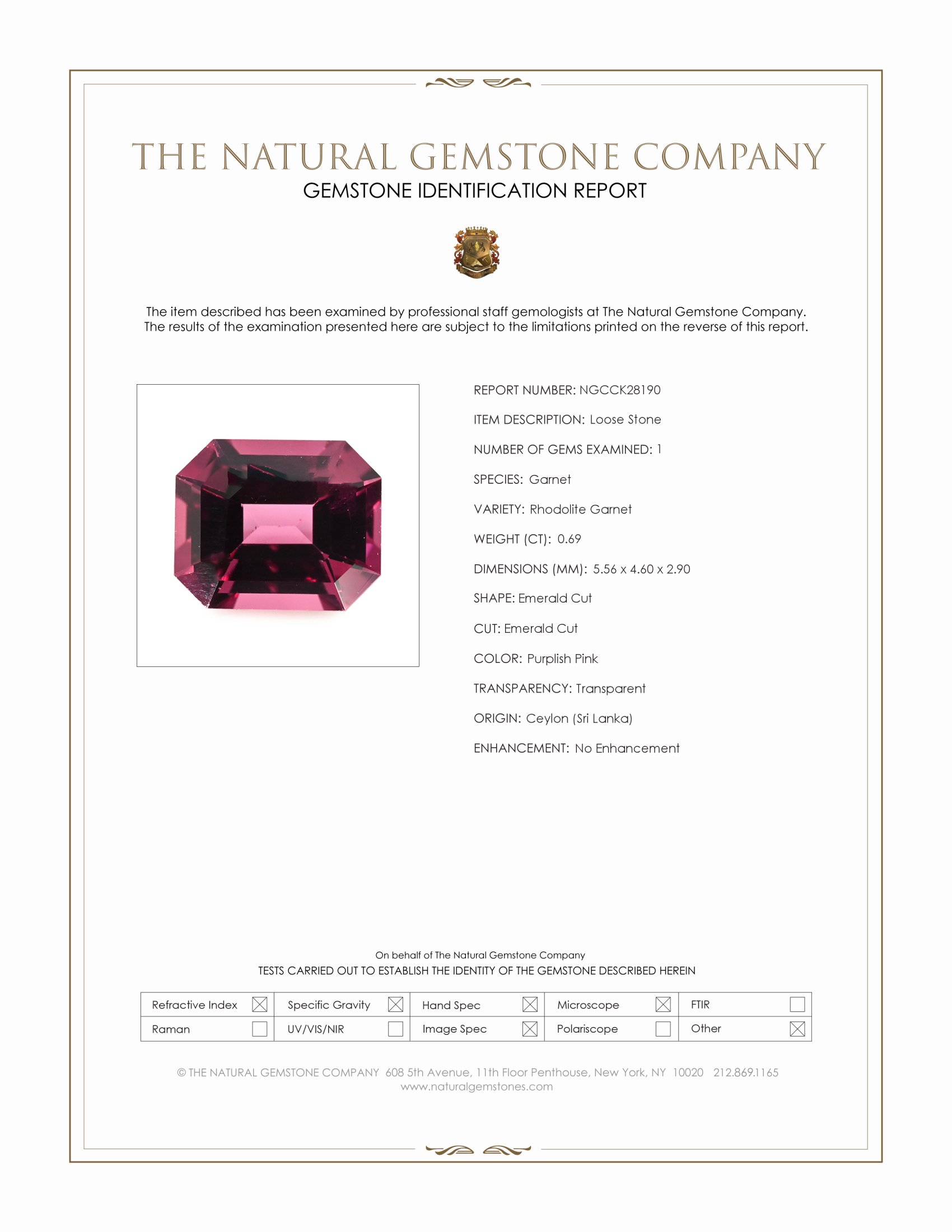 0.69 Ct. Purplish Pink Rhodolite Garnet from Ceylon (Sri Lanka)