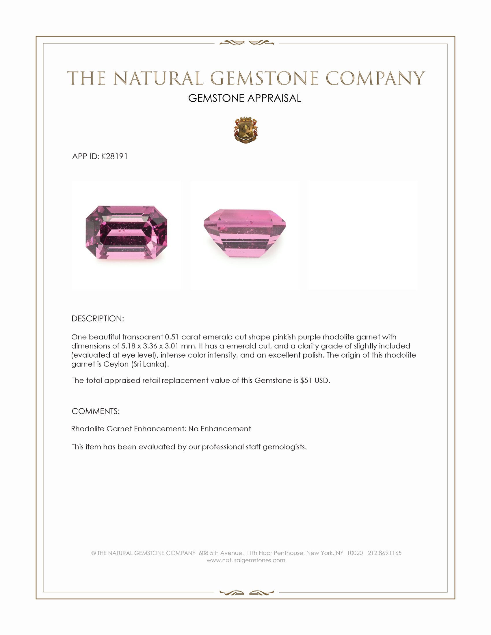 0.51 Ct. Pinkish Purple Rhodolite Garnet from Ceylon (Sri Lanka)