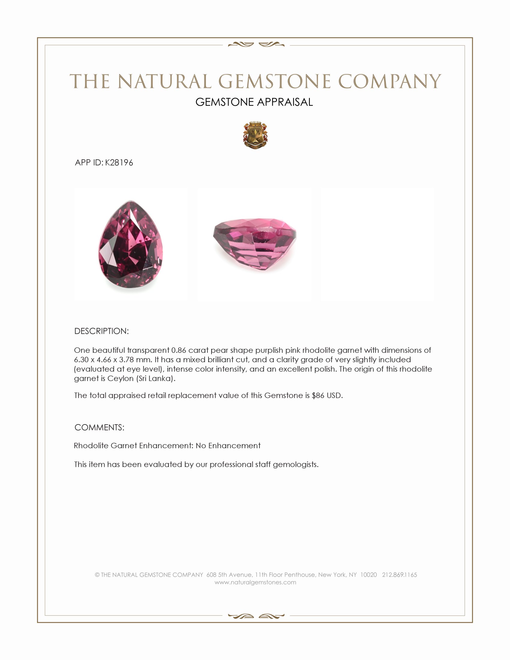 0.86 Ct. Purplish Pink Rhodolite Garnet from Ceylon (Sri Lanka)