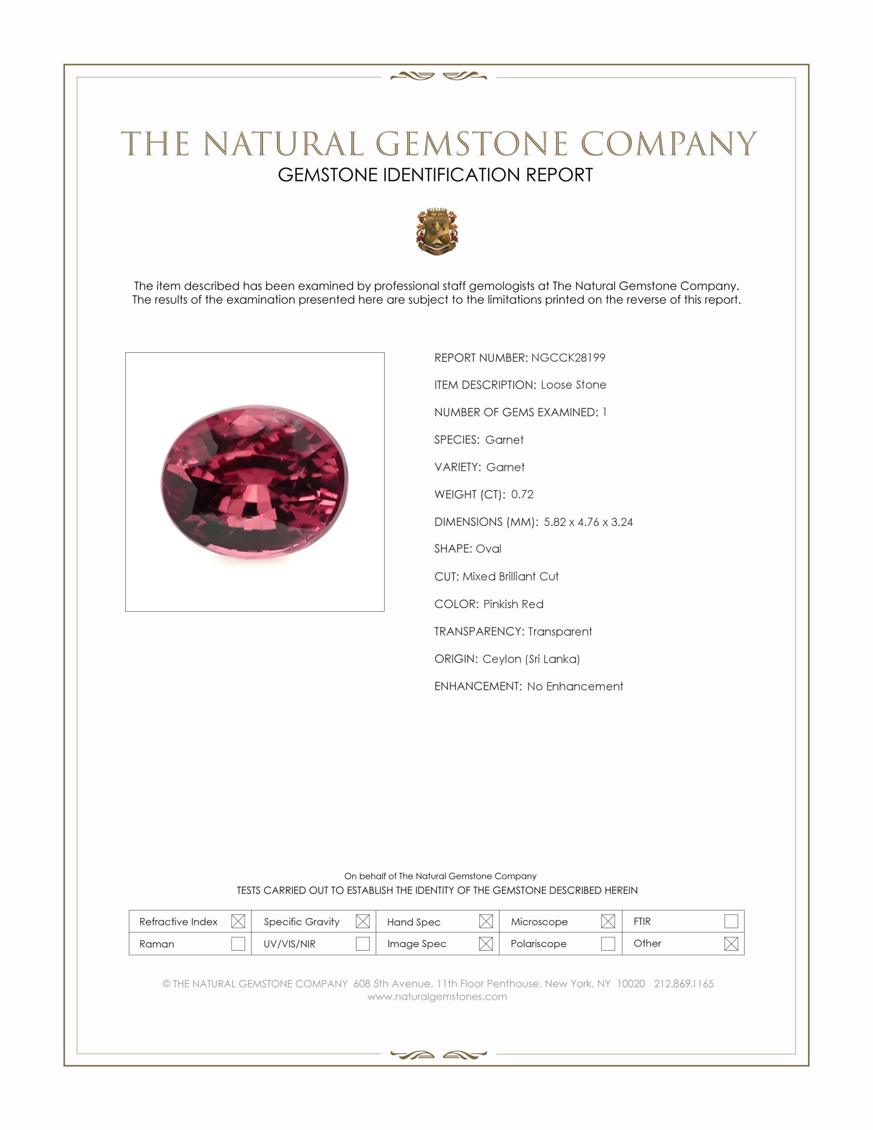 0.72 Ct. Pinkish Red Garnet from Ceylon (Sri Lanka)