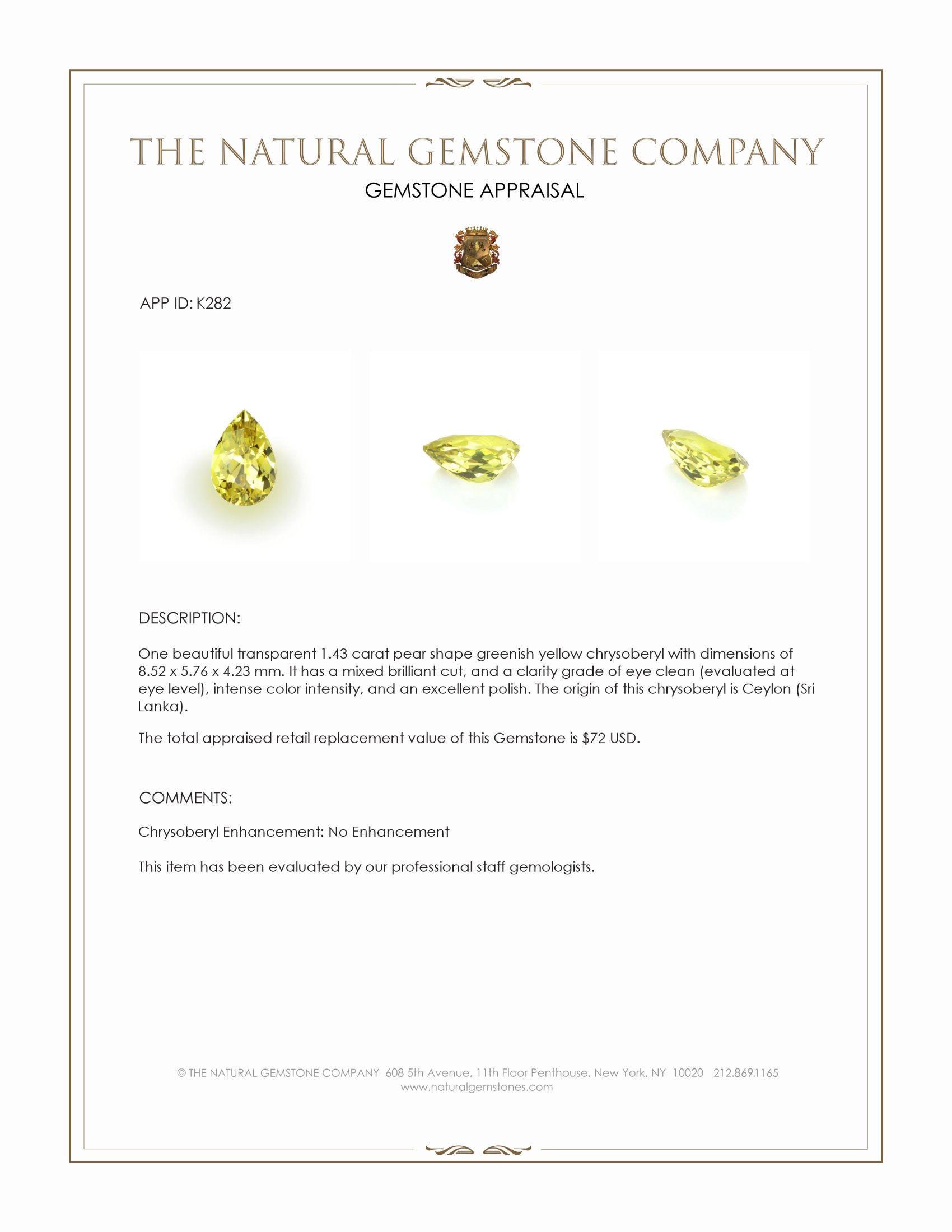 1.43 Ct. Chrysoberyl from Ceylon (Sri Lanka)