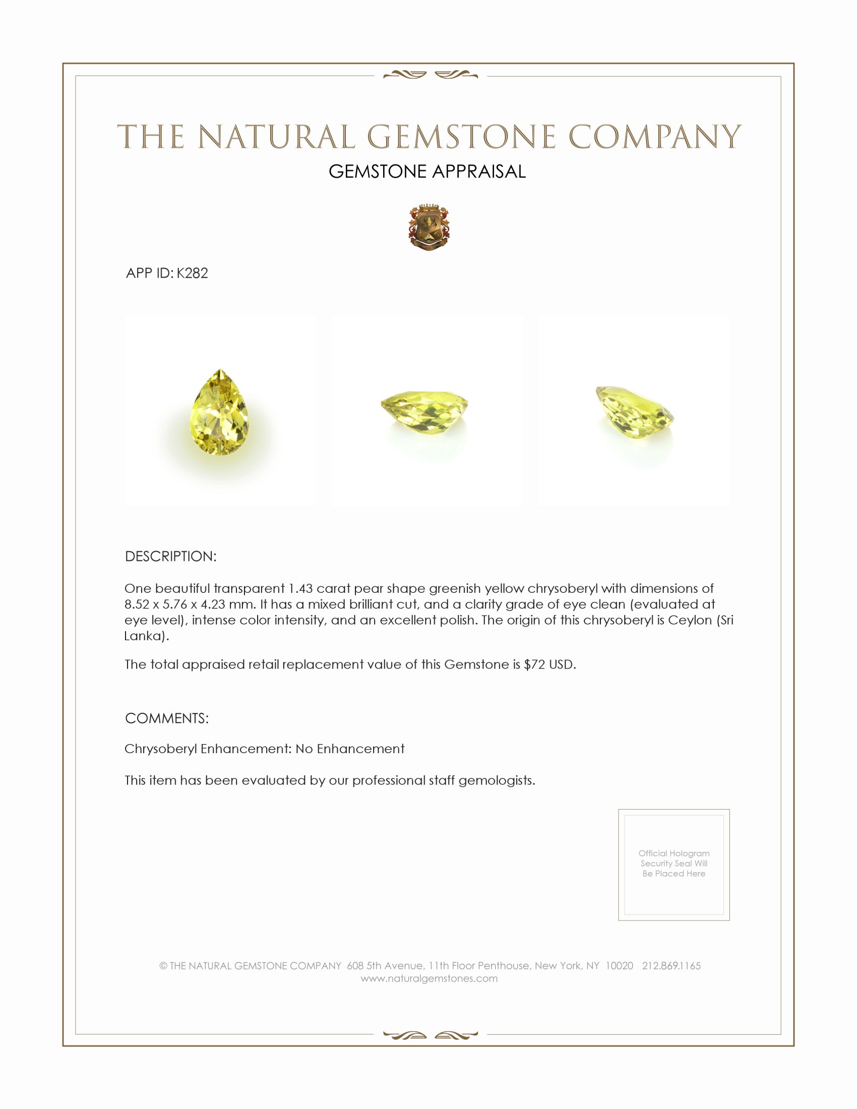 1.43 Ct. Chrysoberyl from Ceylon (Sri Lanka)