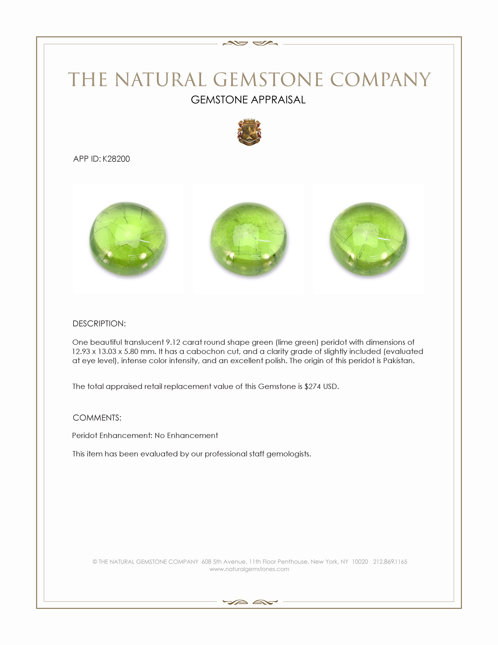 9.12 Ct. Green (Lime Green) Cabochon Peridot from Pakistan
