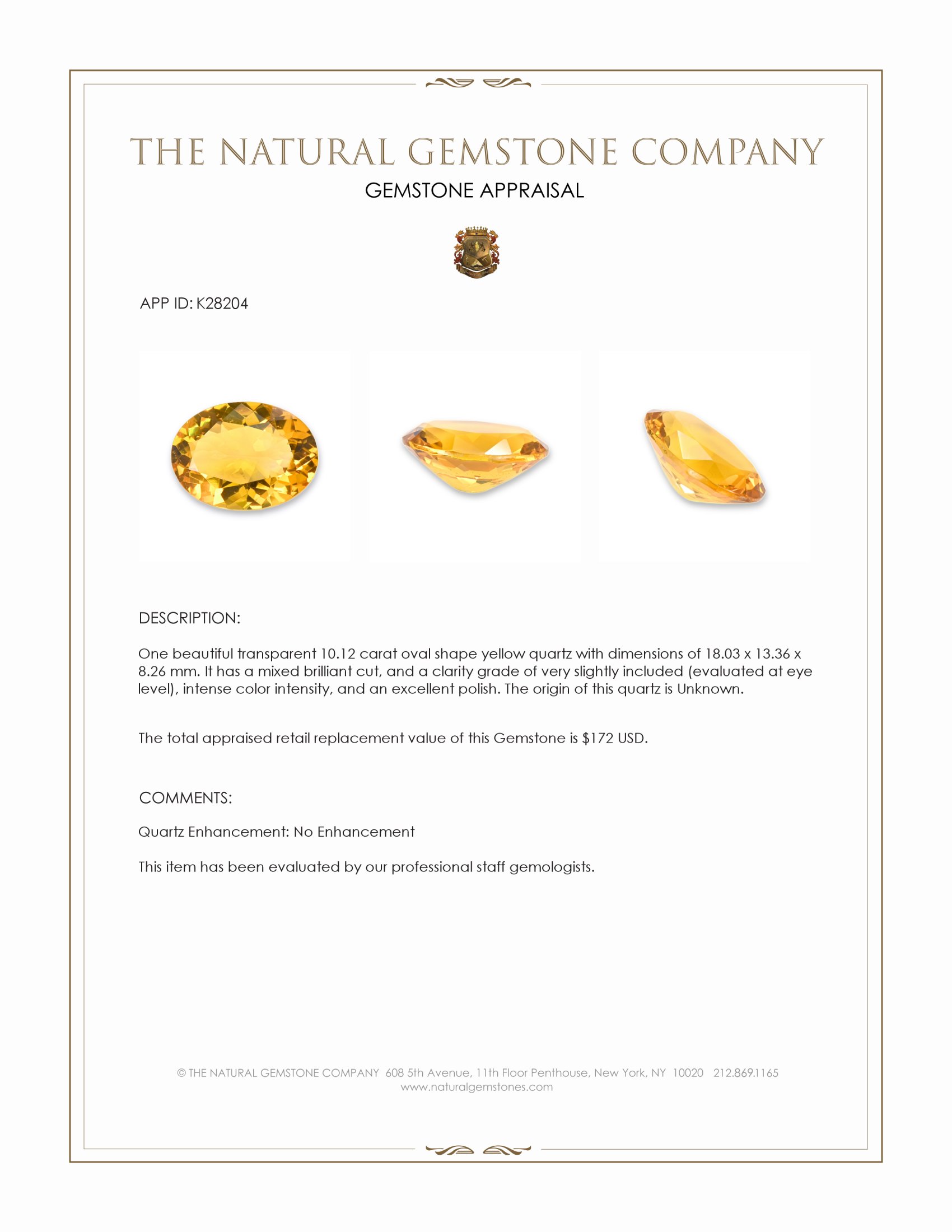 10.12 Ct. Yellow Quartz