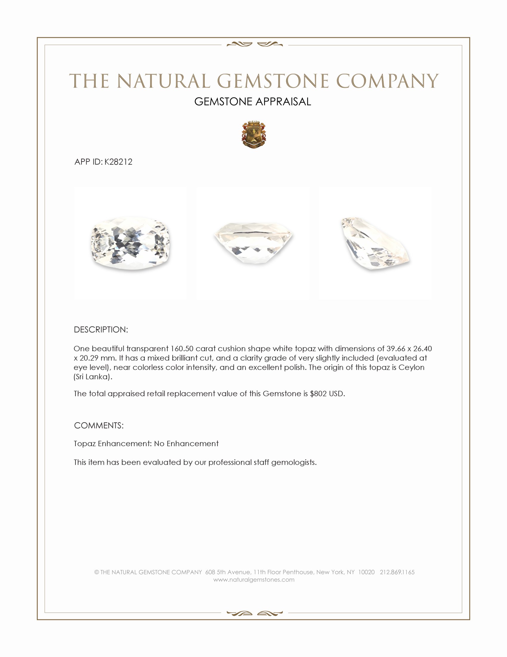 160.50 Ct. White Topaz from Ceylon (Sri Lanka)