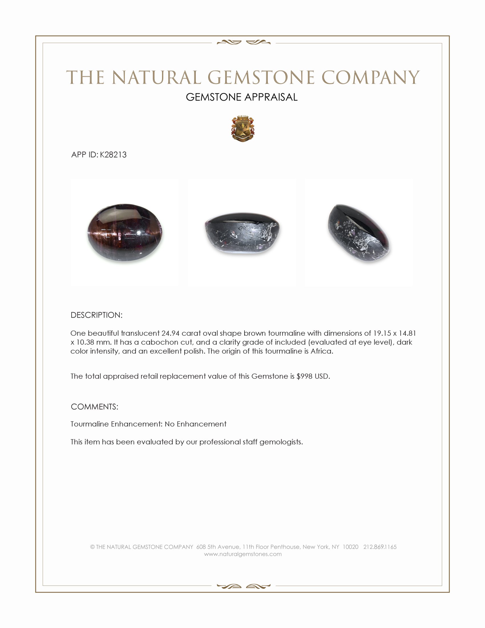 24.94 Ct. Brown Cabochon Tourmaline from Africa