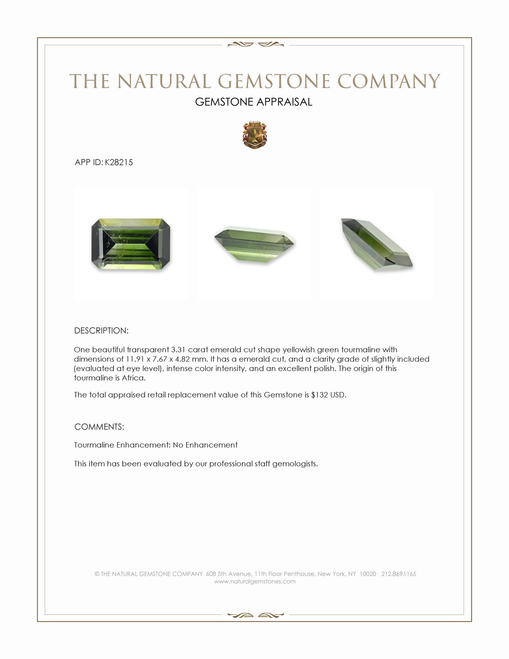 3.31 Ct. Yellowish Green Tourmaline from Africa