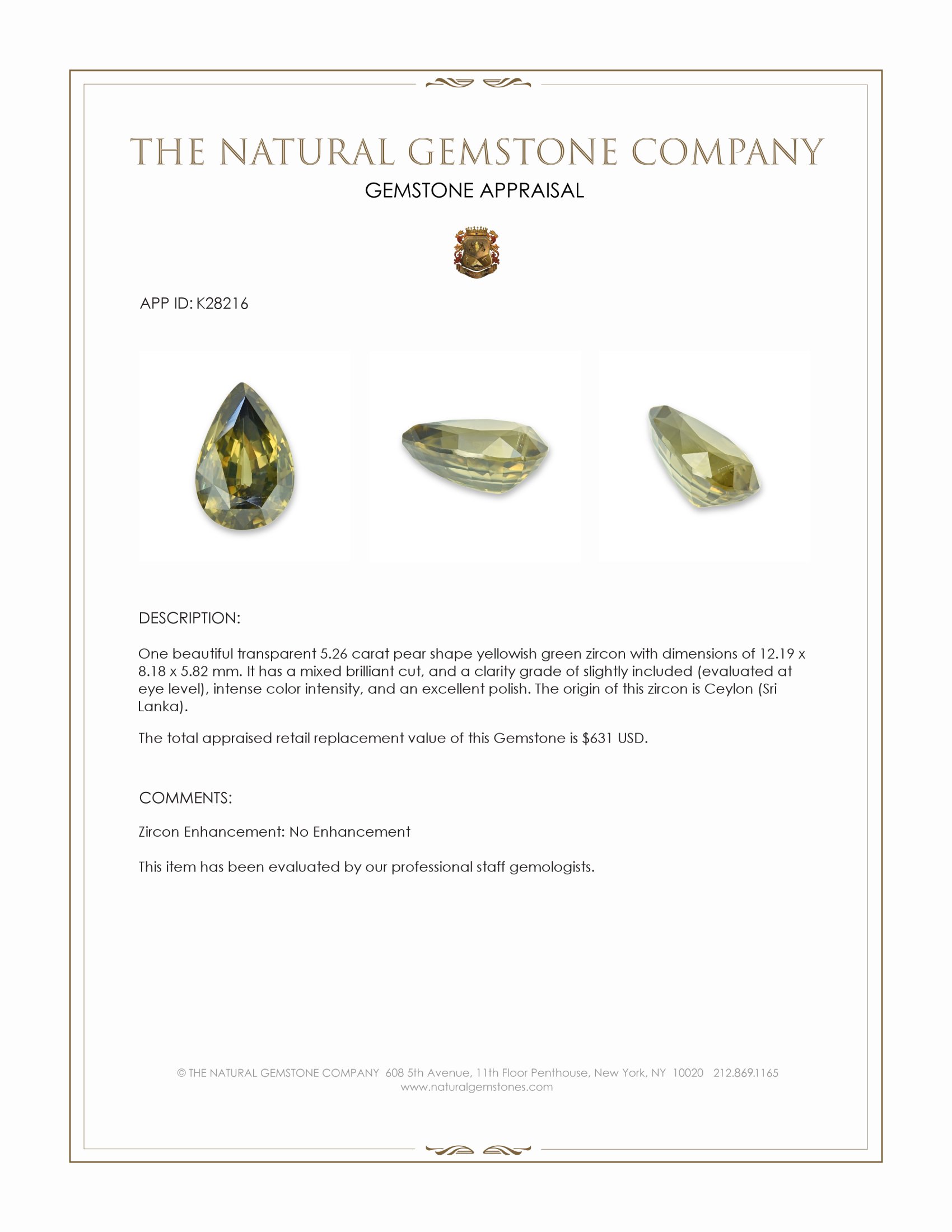 5.26 Ct. Yellowish Green Zircon from Ceylon (Sri Lanka)