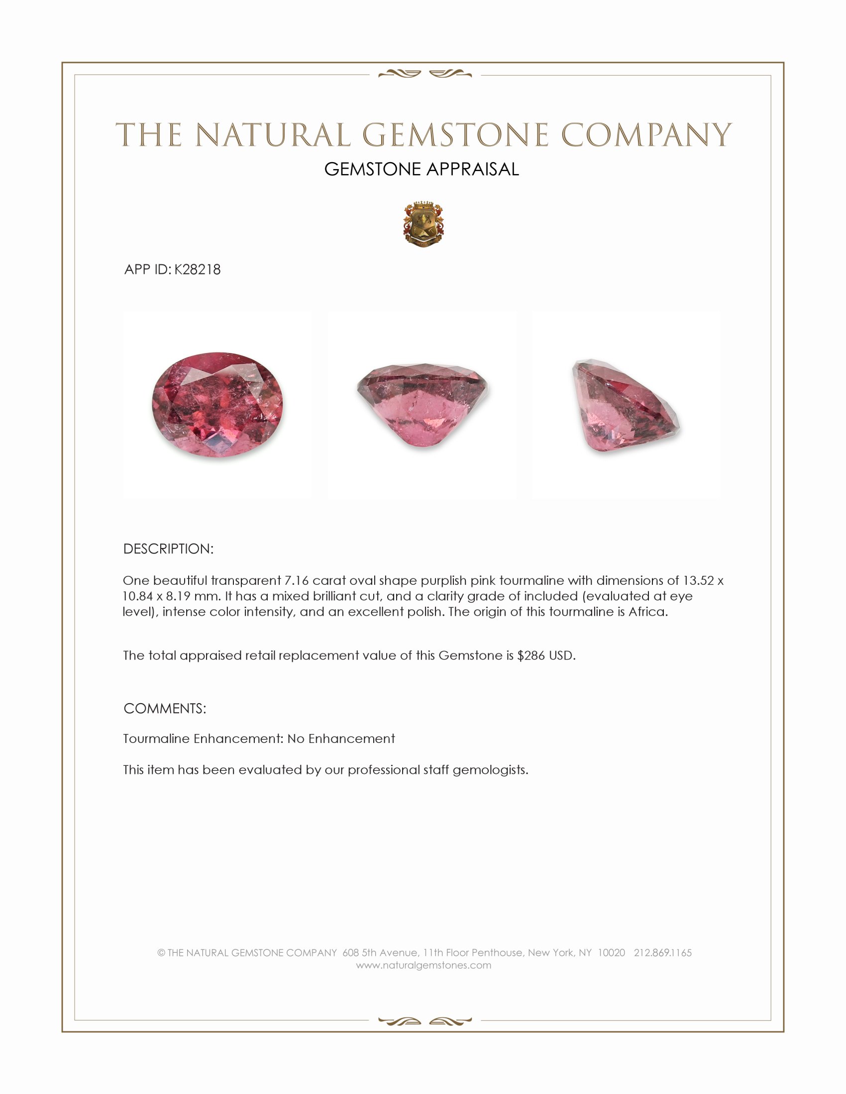 7.16 Ct. Purplish Pink Tourmaline from Africa