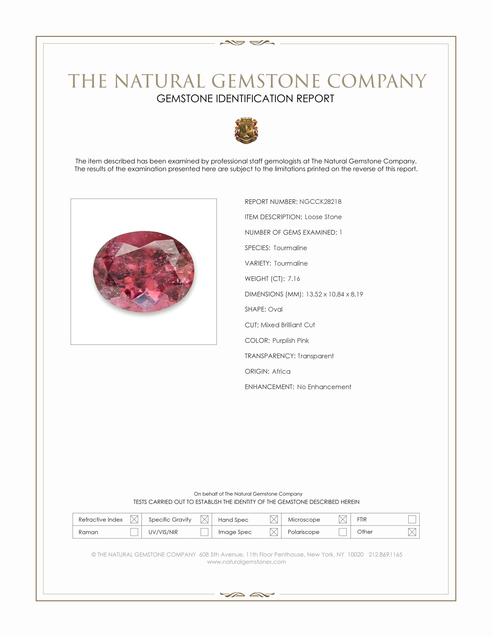 7.16 Ct. Purplish Pink Tourmaline from Africa