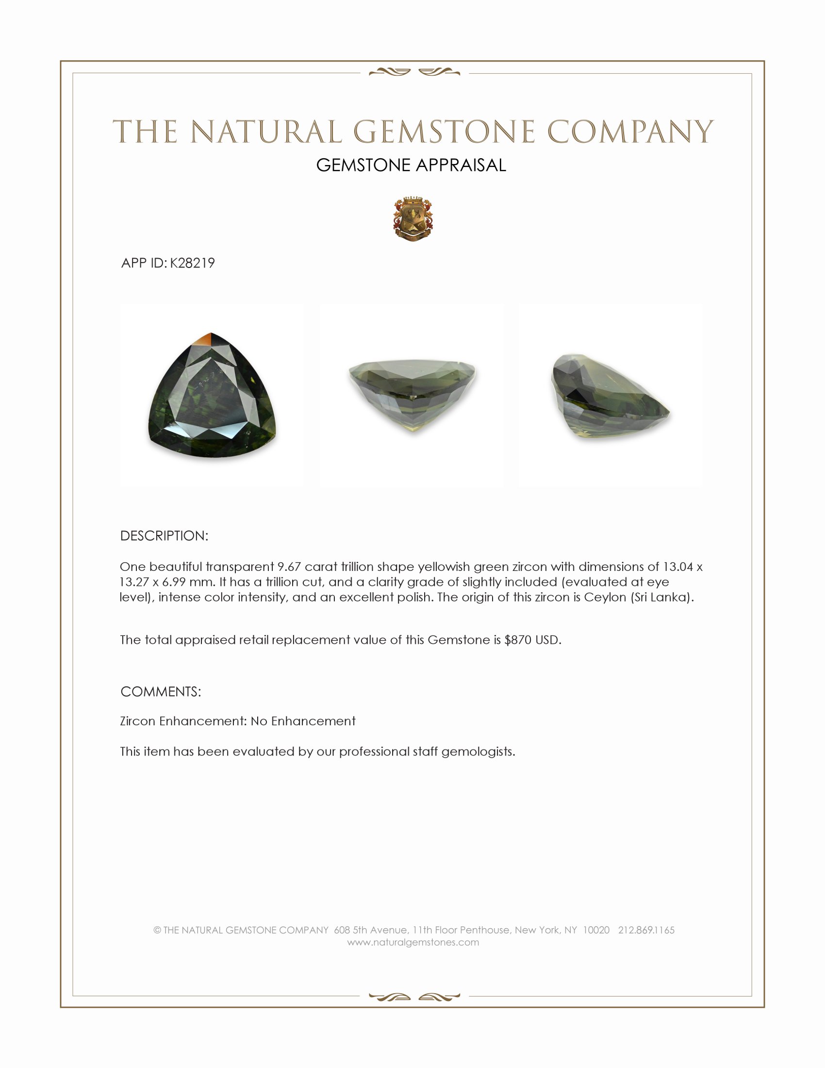 9.67 Ct. Yellowish Green Zircon from Ceylon (Sri Lanka)