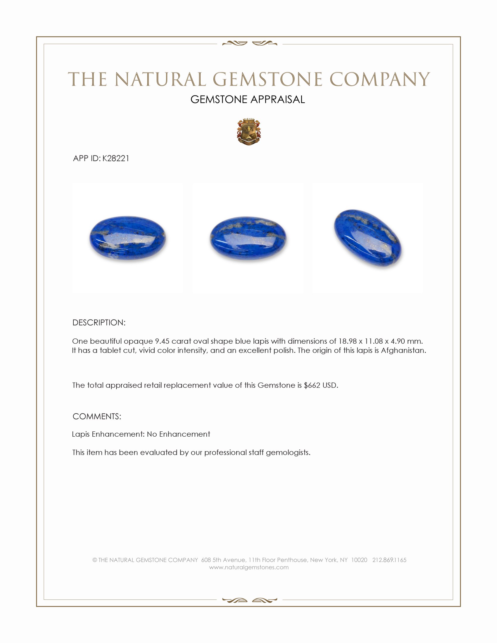 9.45 Ct. Lapis from Afghanistan