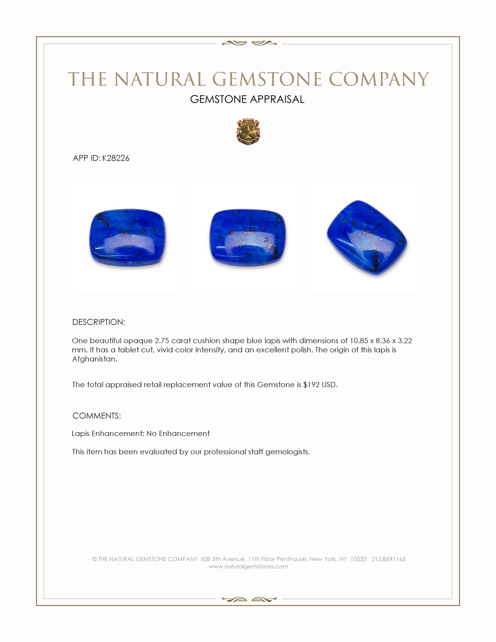 2.75 Ct. Lapis from Afghanistan