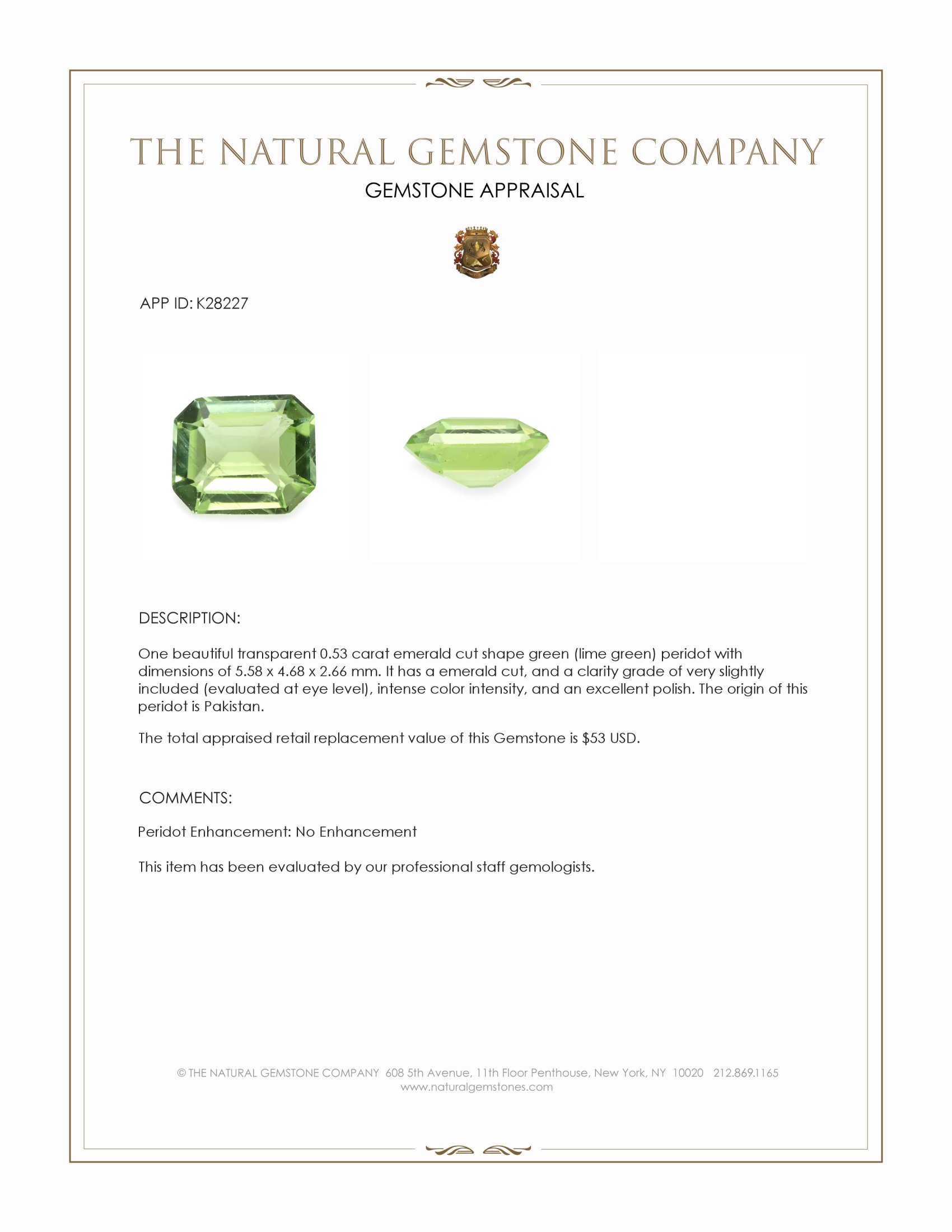 0.53 Ct. Green (Lime Green) Peridot from Pakistan