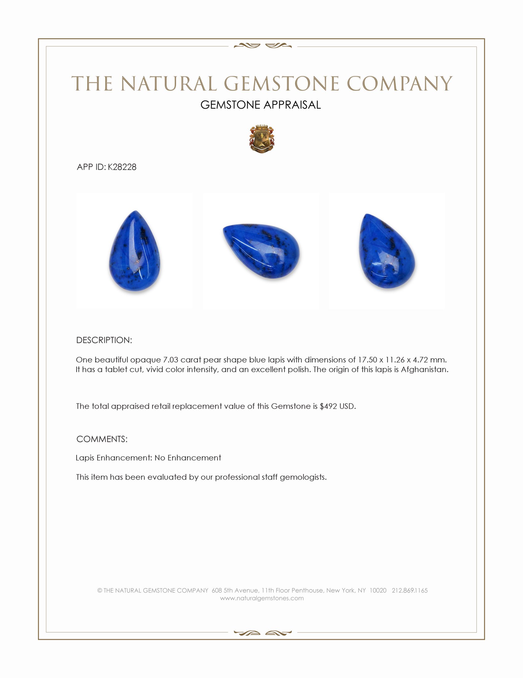 7.03 Ct. Lapis from Afghanistan