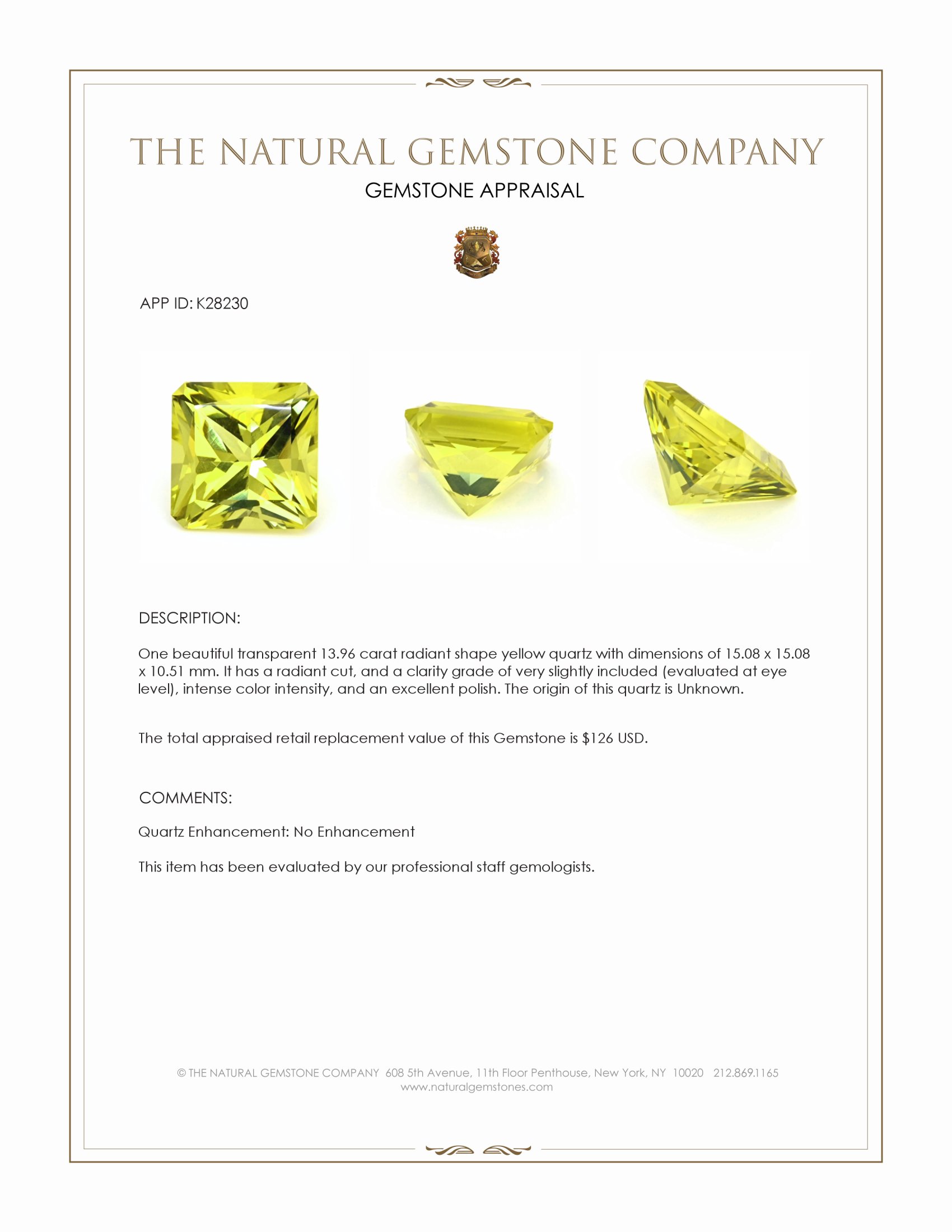 13.96 Ct. Yellow Quartz