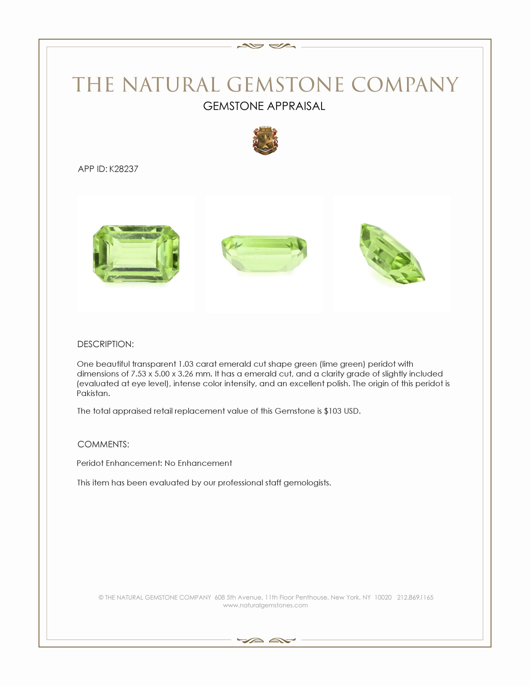 1.03 Ct. Green (Lime Green) Peridot from Pakistan