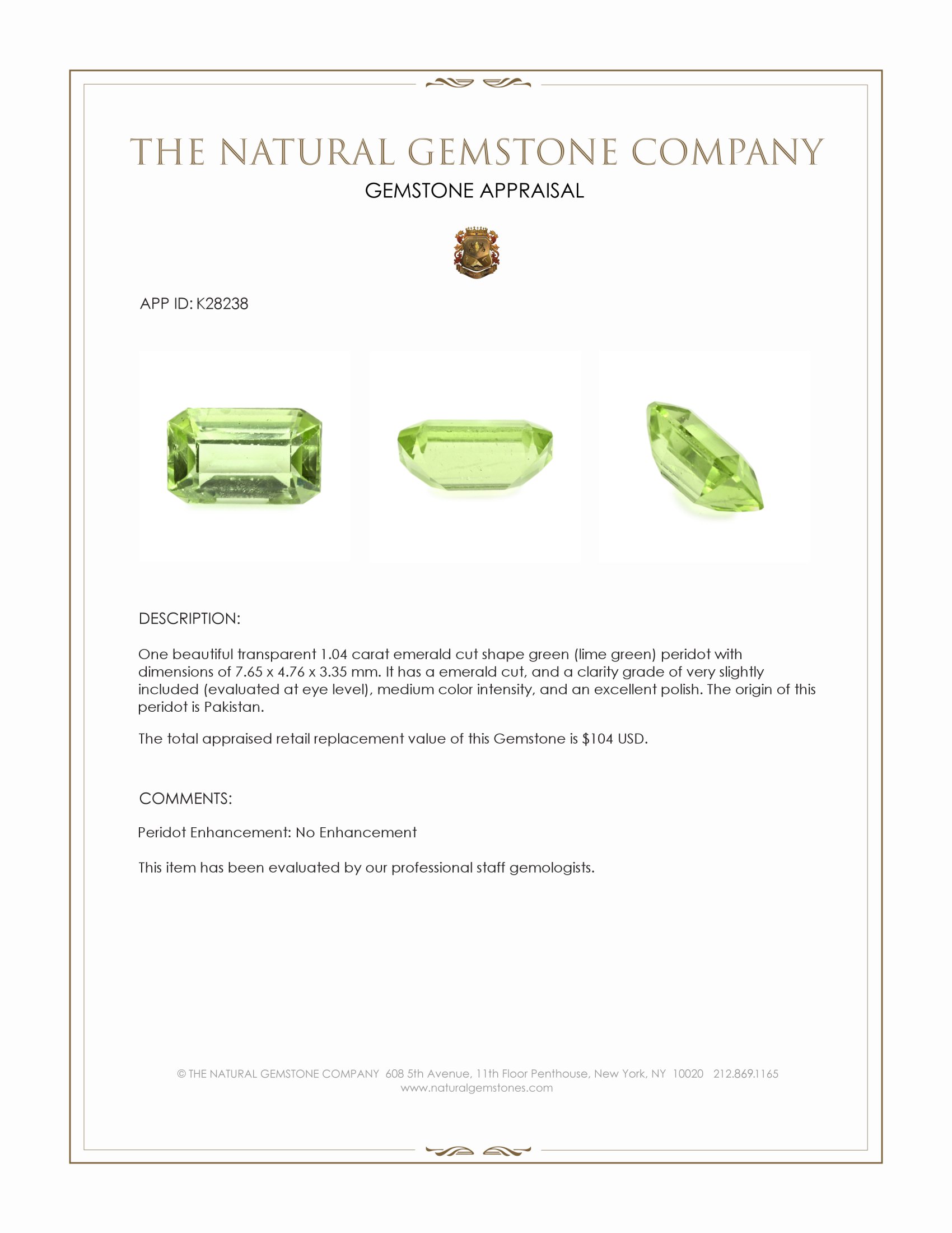 1.04 Ct. Green (Lime Green) Peridot from Pakistan