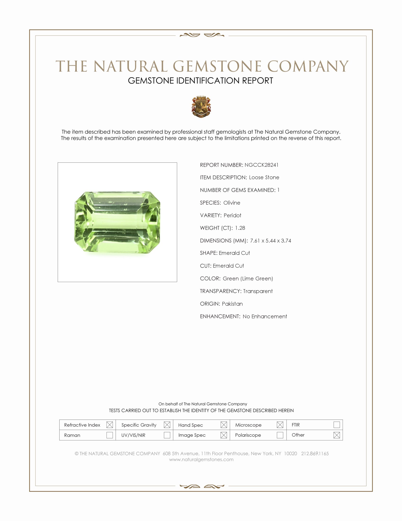 1.28 Ct. Green (Lime Green) Peridot from Pakistan
