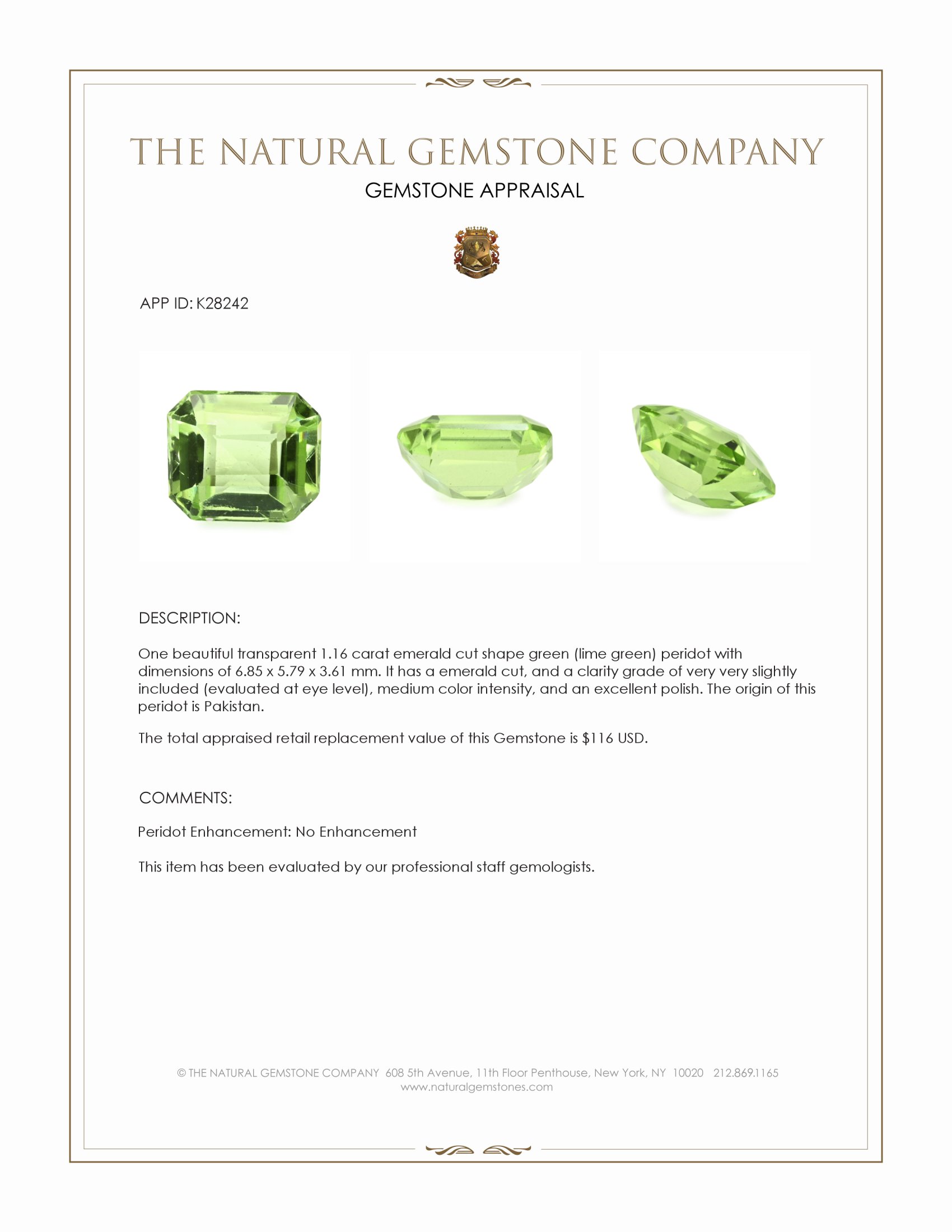 1.16 Ct. Green (Lime Green) Peridot from Pakistan