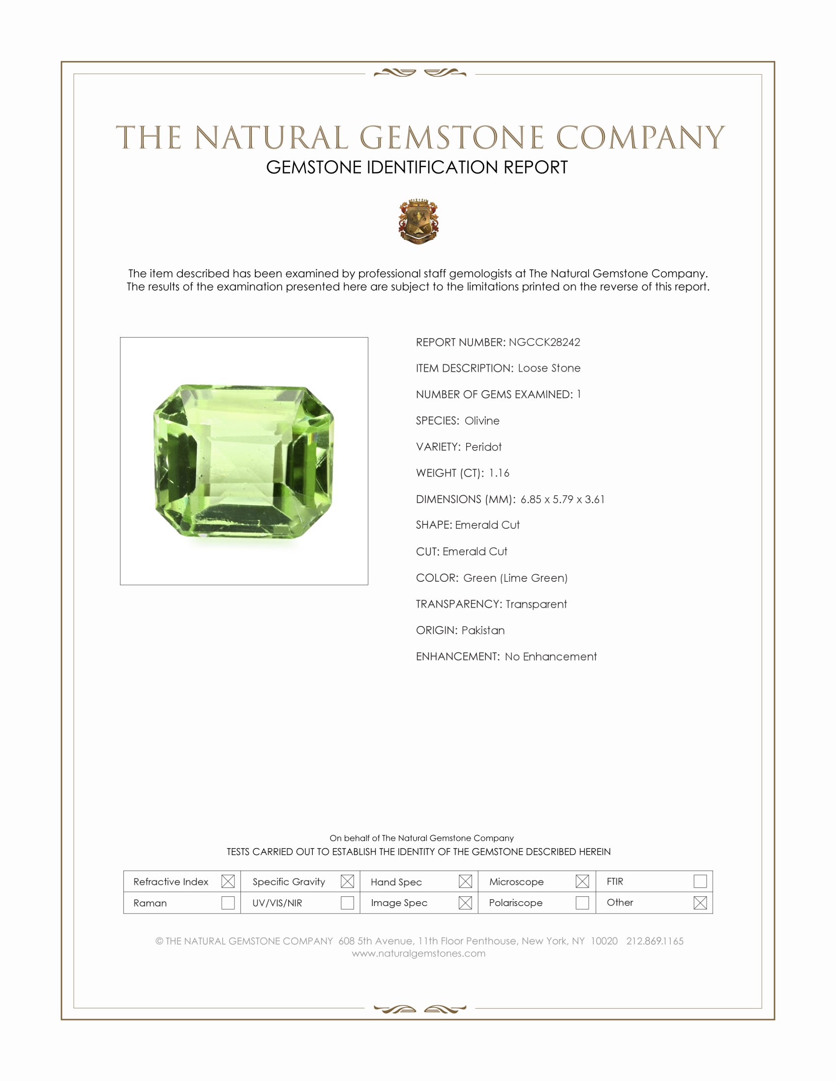 1.16 Ct. Green (Lime Green) Peridot from Pakistan