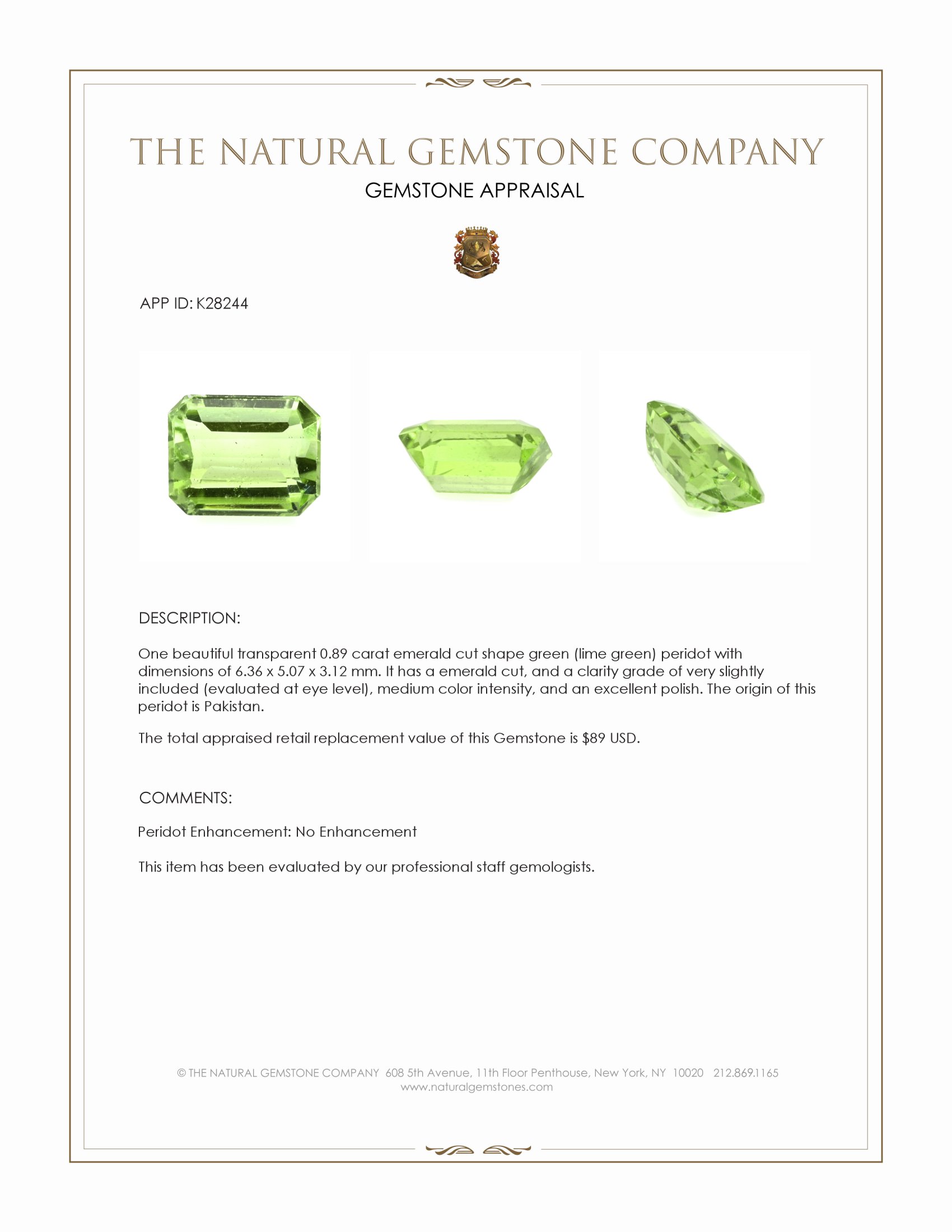 0.89 Ct. Green (Lime Green) Peridot from Pakistan