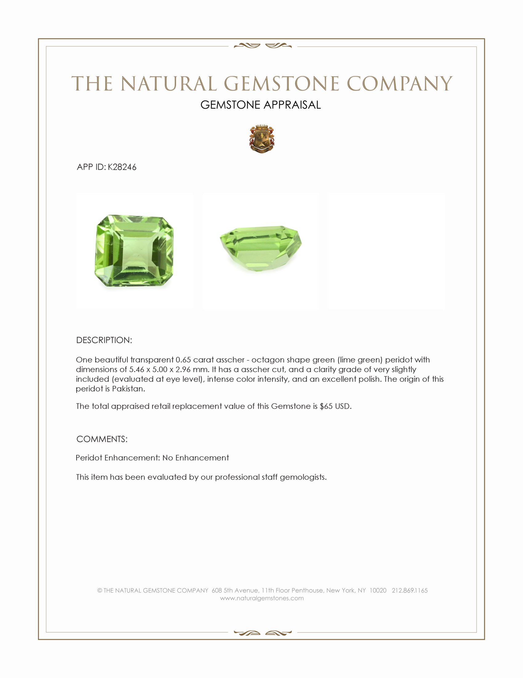 0.65 Ct. Green (Lime Green) Peridot from Pakistan